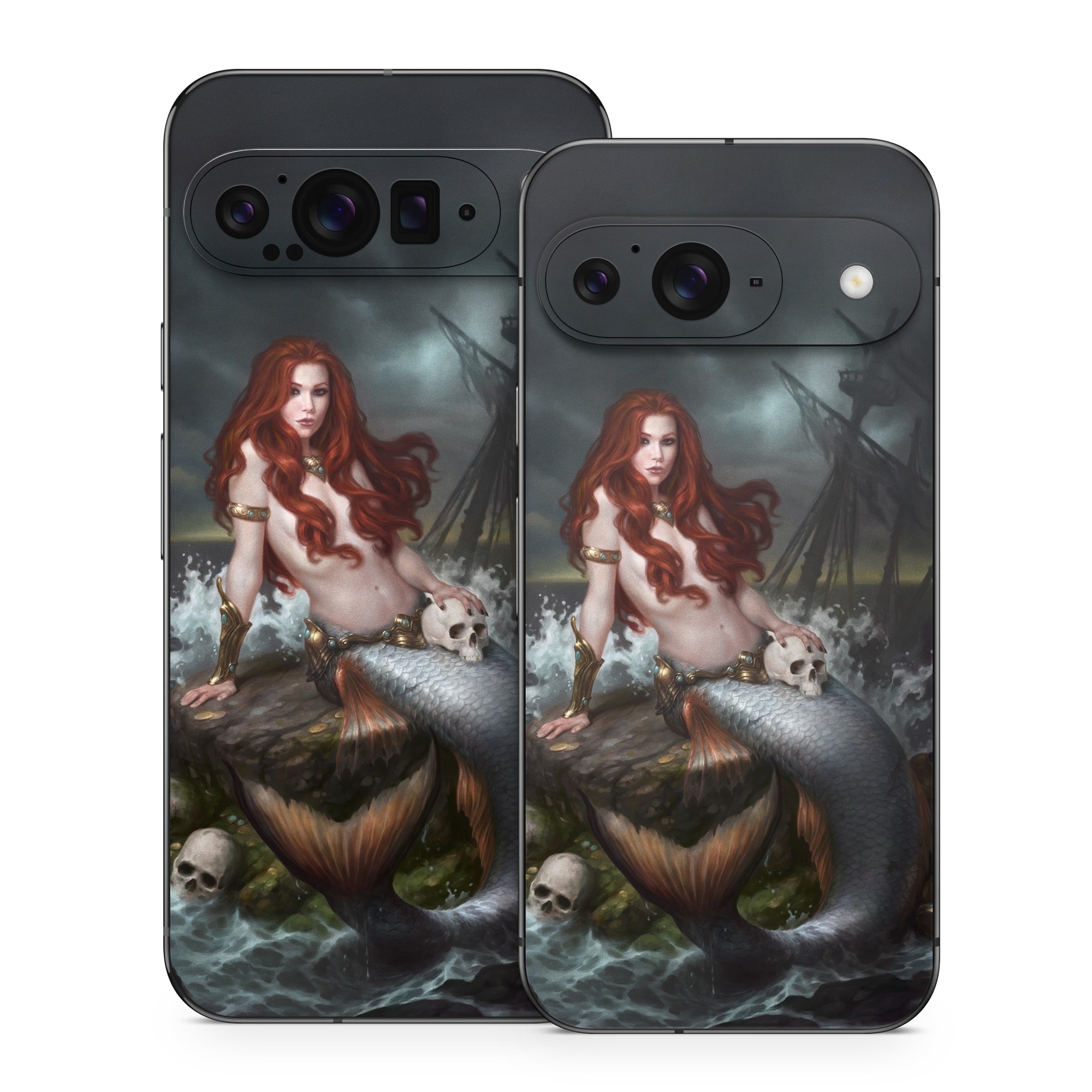 Google Pixel 9 Series Skin design of Mermaid, Cg artwork, Illustration, Fictional character, Mythology, Mythical creature, Art, Long hair, Woman warrior, Sitting, with black, brown, red, yellow, white, gray colors