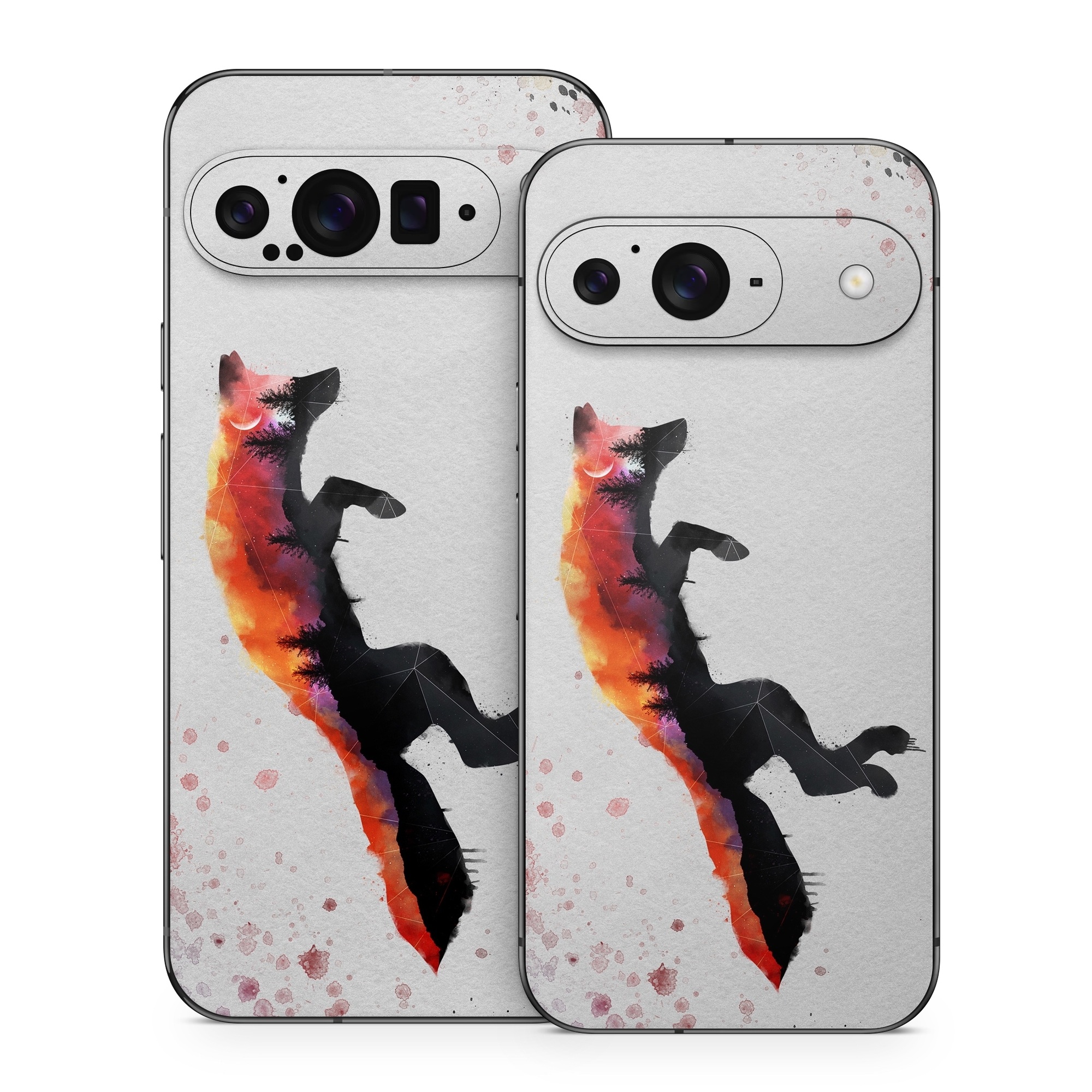 Google Pixel 9 Series Skin design of Illustration, Watercolor paint, Art, Graphic design, Painting, Red fox, Visual arts, Paint, Drawing, Tail, with gray, black, red, yellow, orange, white colors