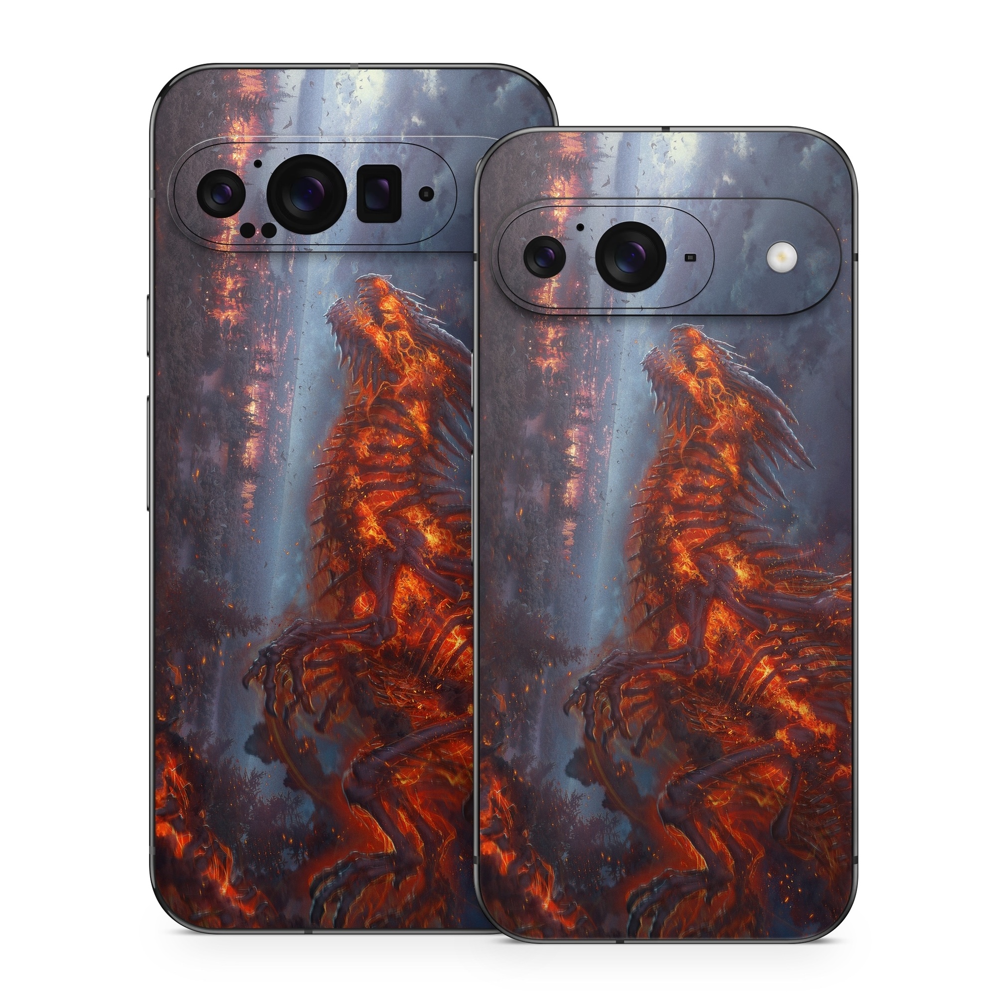 Google Pixel 9 Series Skin design of Geological phenomenon, Dragon, Cg artwork, Sky, Flame, Fictional character, Mythology, Lava, Demon, Heat, with red, blue, black colors