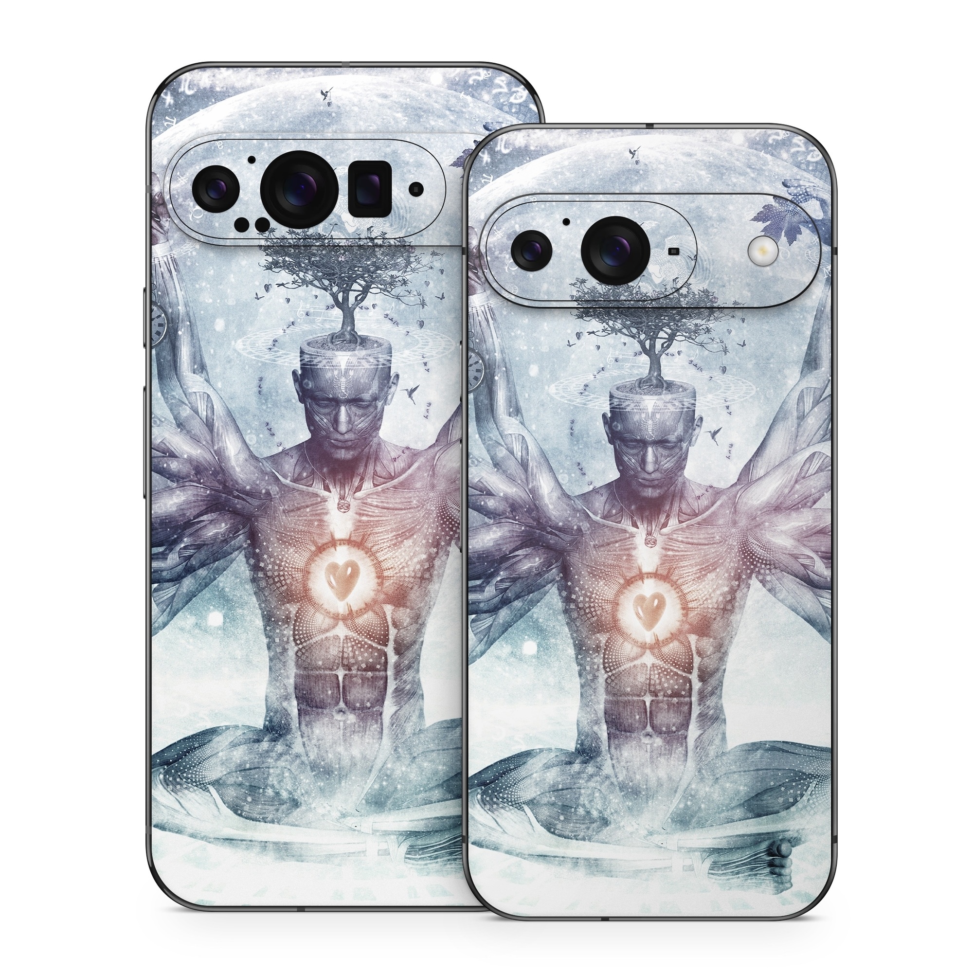 Google Pixel 9 Series Skin design of Mythology, Cg artwork, Water, Illustration, Fictional character, Space, Graphics, Art, Graphic design, with blue, red, orange, black, white colors