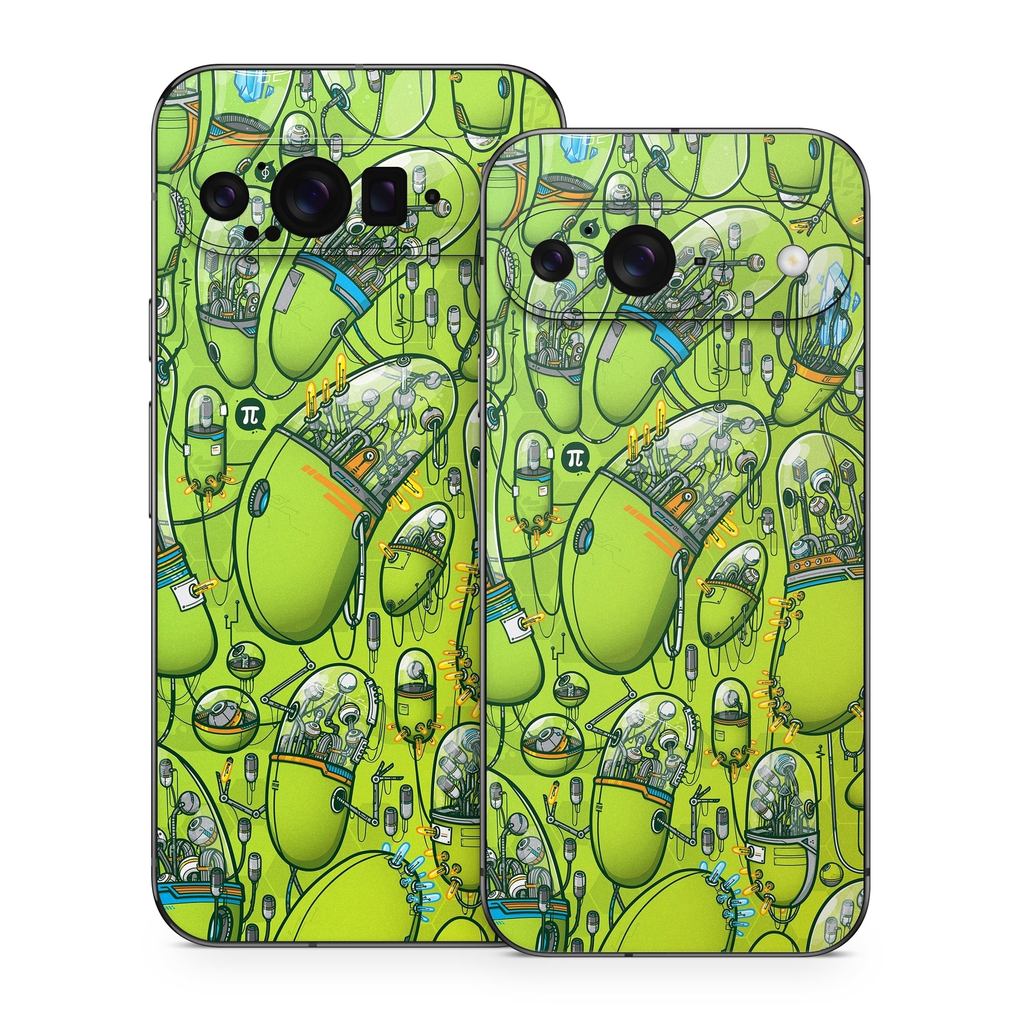 Google Pixel 9 Series Skin design of Green, Pattern, Yellow, Design, Illustration, Plant, Art, Graphic design, Urban design, with green, blue, gray, yellow, orange colors