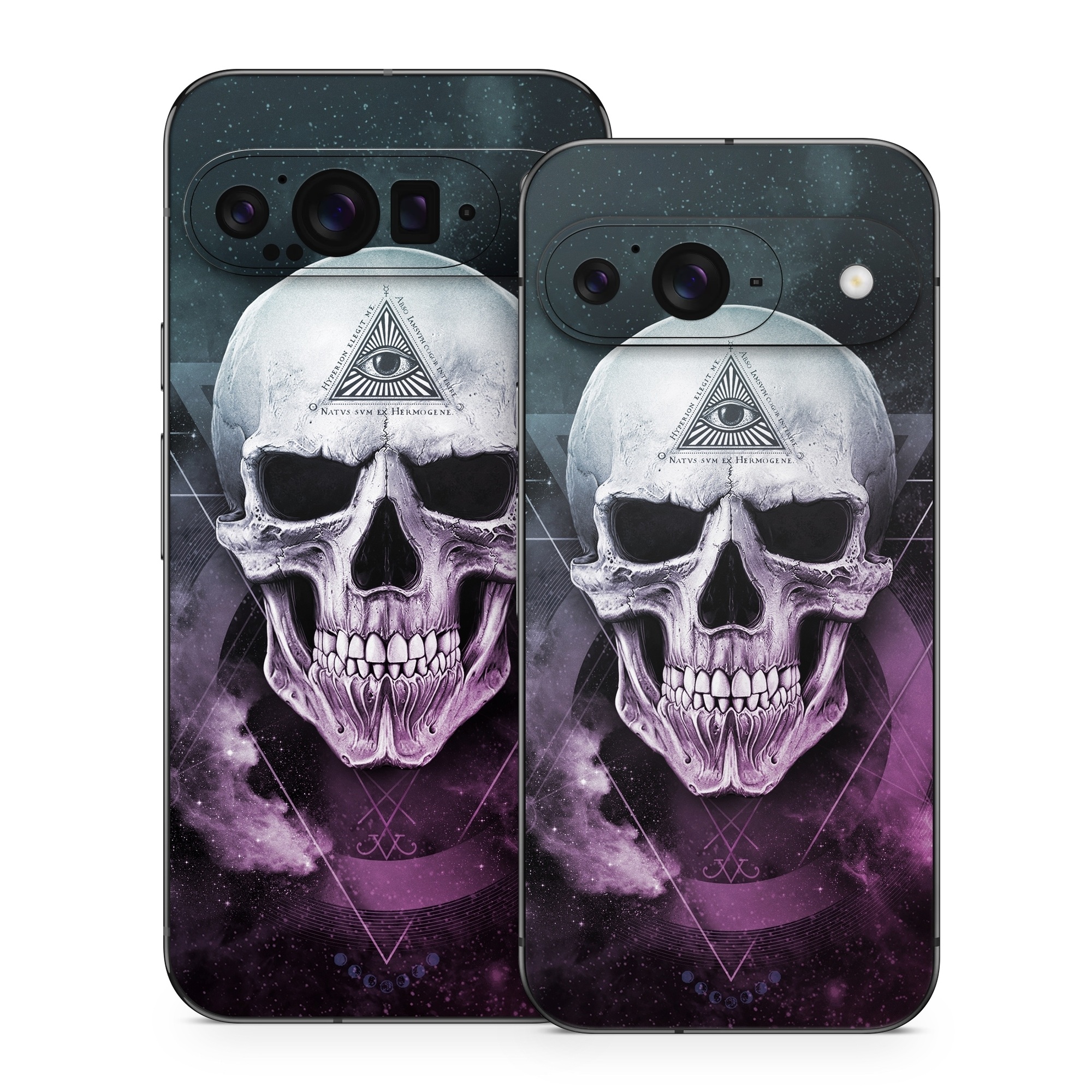 Google Pixel 9 Series Skin design of Skull, Bone, Illustration, Font, Jaw, Fictional character, Graphic design, Graphics, Art, with black, white, gray, purple colors