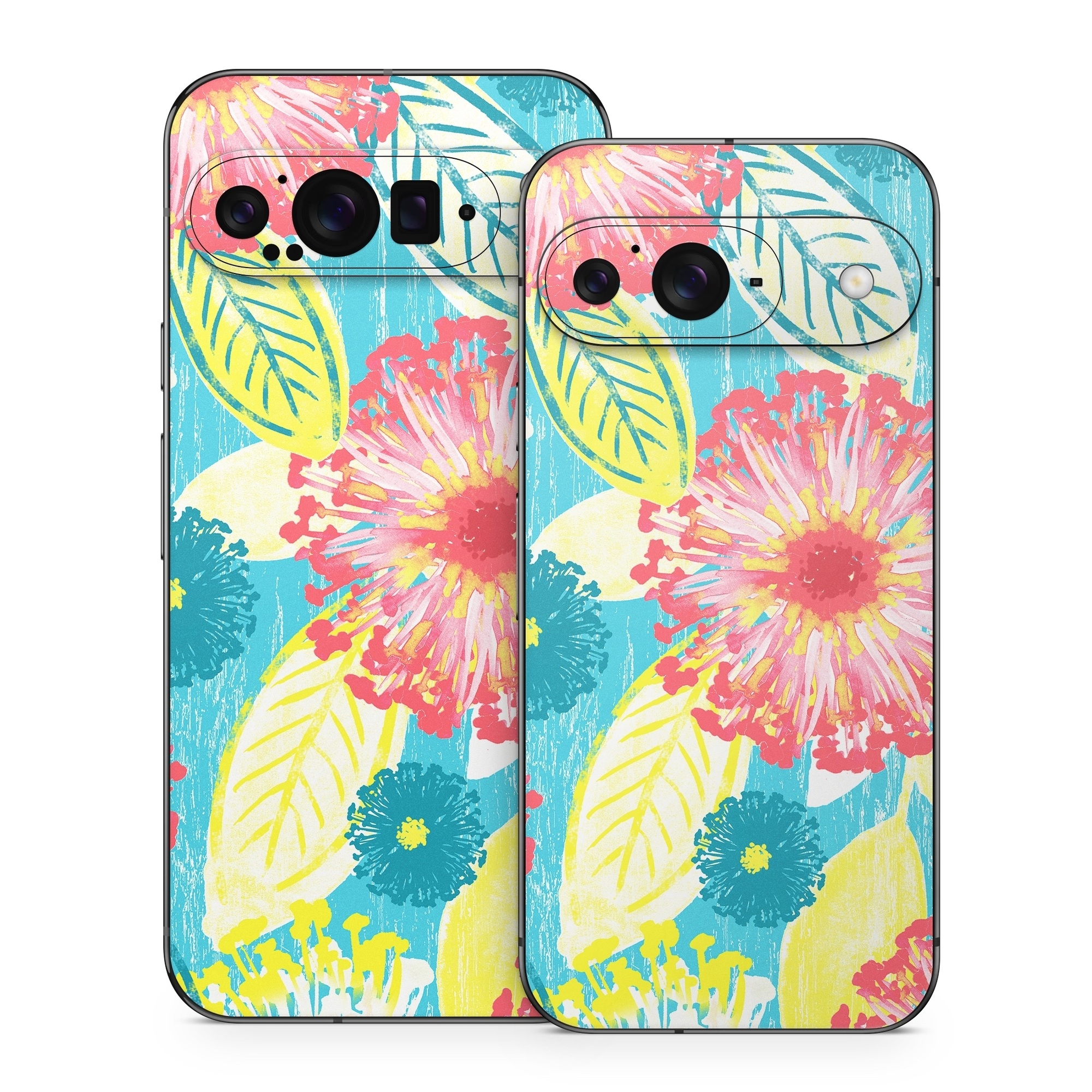 Google Pixel 9 Series Skin design of Pattern, Design, Flower, Floral design, Plant, Textile, Wrapping paper, Wildflower, Visual arts, with pink, gray, blue, yellow colors