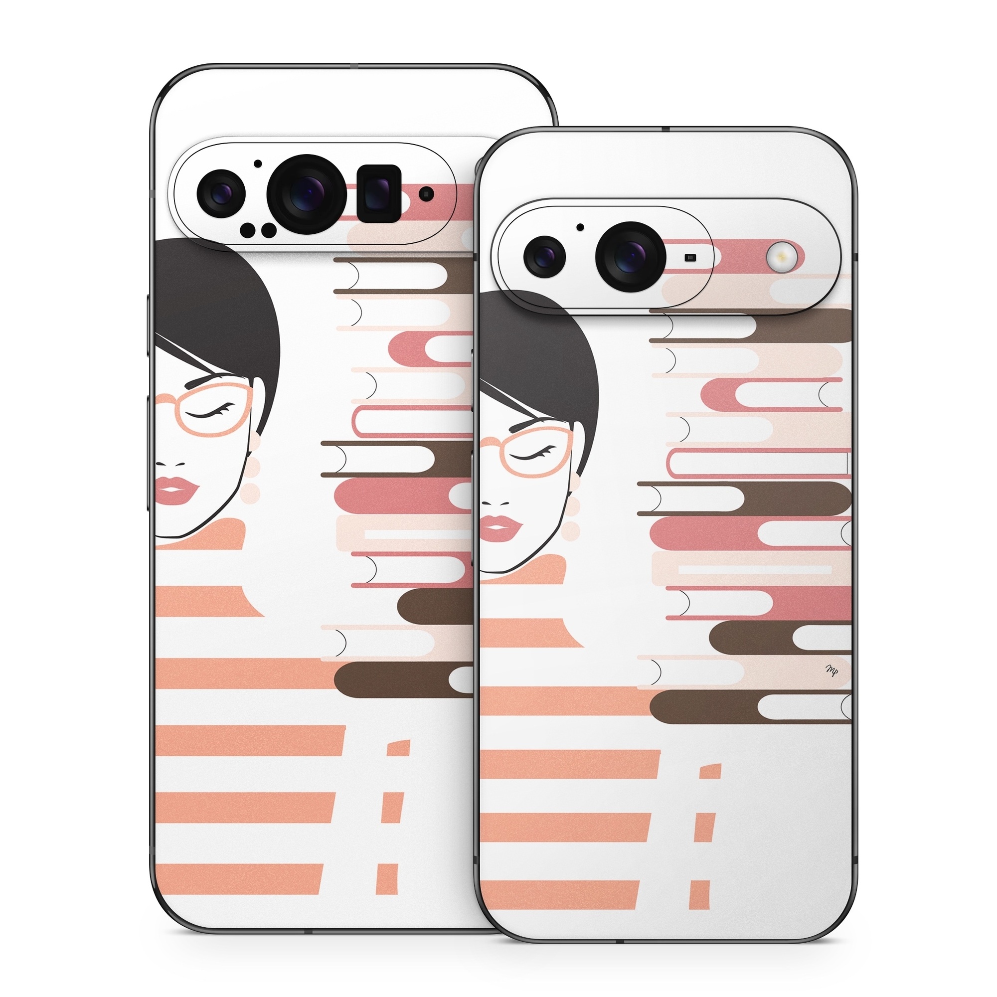 Google Pixel 9 Series Skin design of Eyebrow, Gesture, Font, Carmine, Graphics, Thumb, Art, Illustration, Graphic design, Lipstick, with white, black, pink, brown, red colors