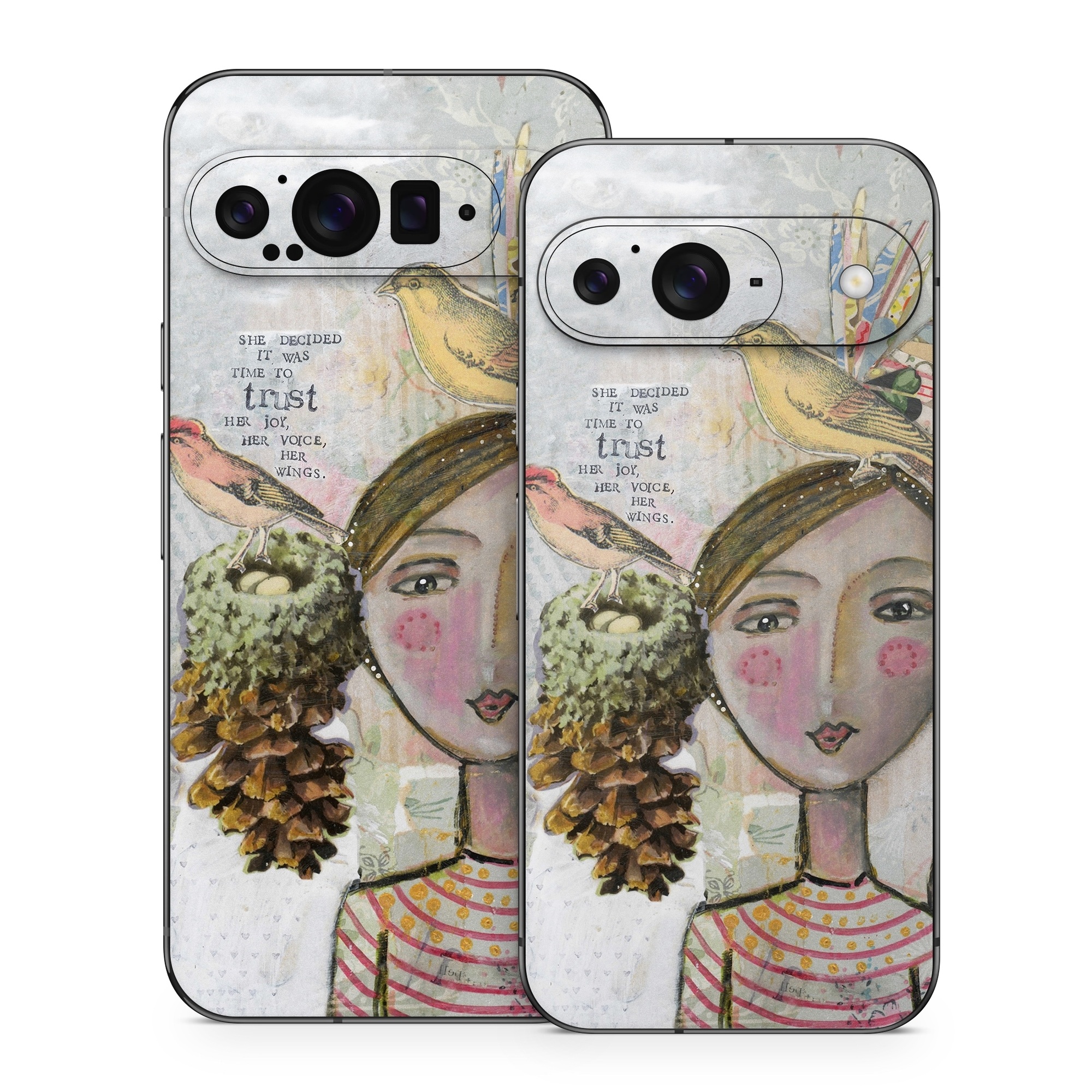 Google Pixel 9 Series Skin design of Watercolor paint, Illustration, Art, Painting, Child art, Fictional character, Visual arts, Fashion illustration, Feather, Drawing, with gray, brown, pink, yellow, red, green, blue colors
