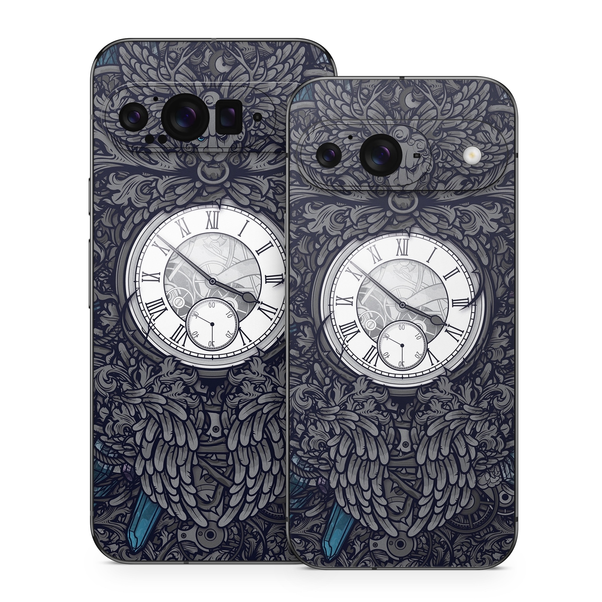 Google Pixel 9 Series Skin design of Blue, Pattern, Psychedelic art, Design, Circle, Art, Font, Graphic design, Visual arts, Illustration, with black, gray colors