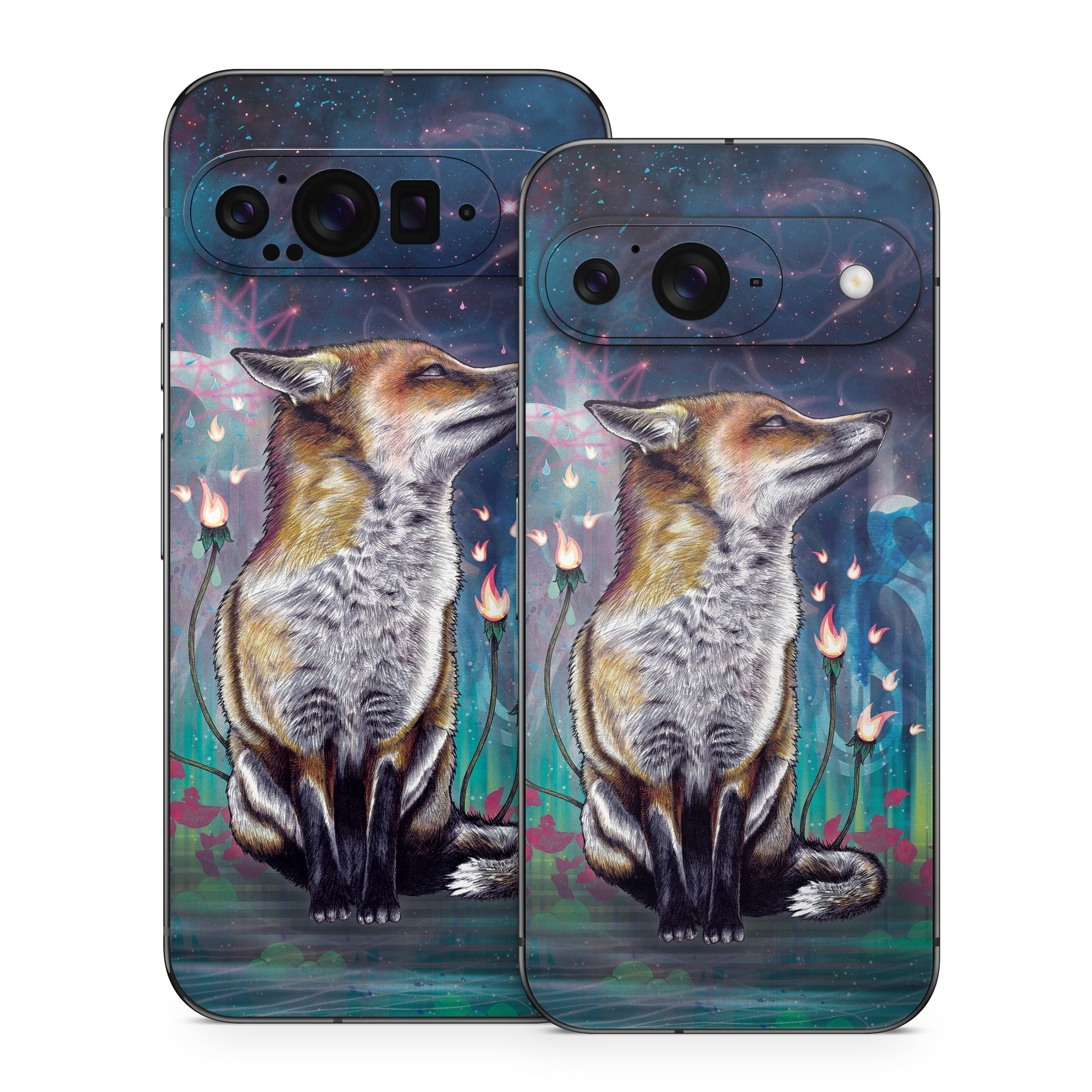 Google Pixel 9 Series Skin design of Red fox, Art, Wildlife, Canidae, Illustration, Fox, Carnivore, Painting, Dhole, Red wolf, with black, gray, blue, red, green colors