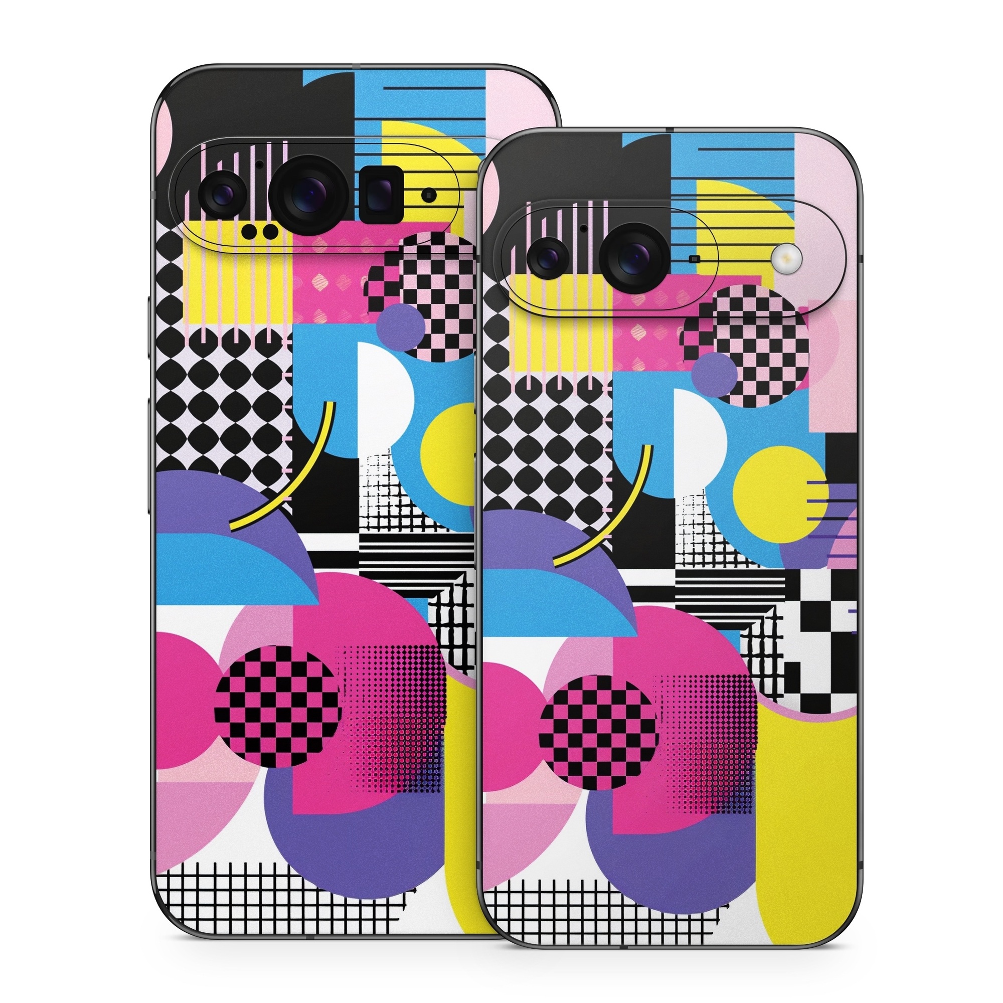 Google Pixel 9 Series Skin design of Rectangle, Textile, Art, Font, Line, Material property, Magenta, Pattern, Circle, Tints and shades, with pink, yellow, white, black, purple, blue colors