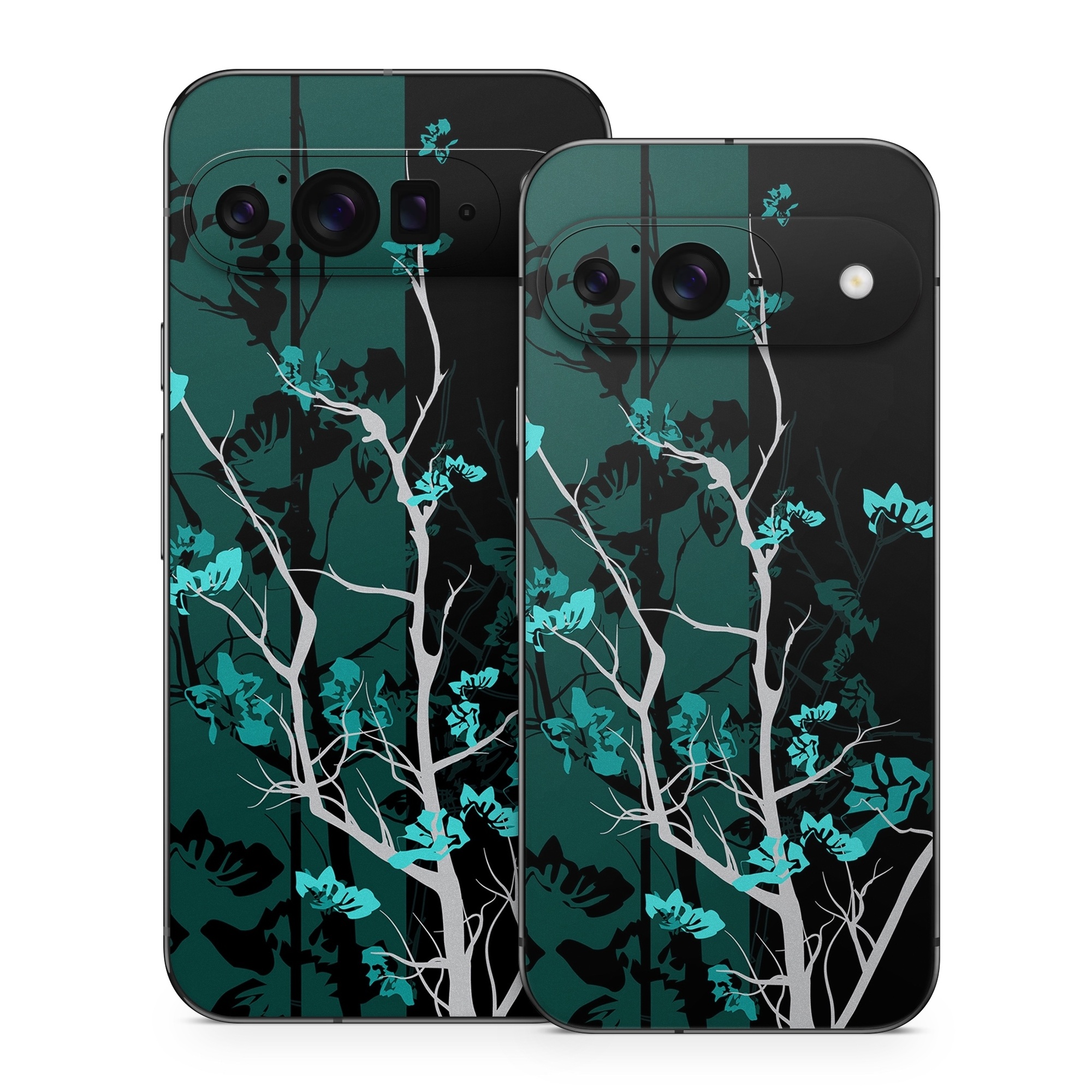 Google Pixel 9 Series Skin design of Branch, Black, Blue, Green, Turquoise, Teal, Tree, Plant, Graphic design, Twig, with black, blue, gray colors
