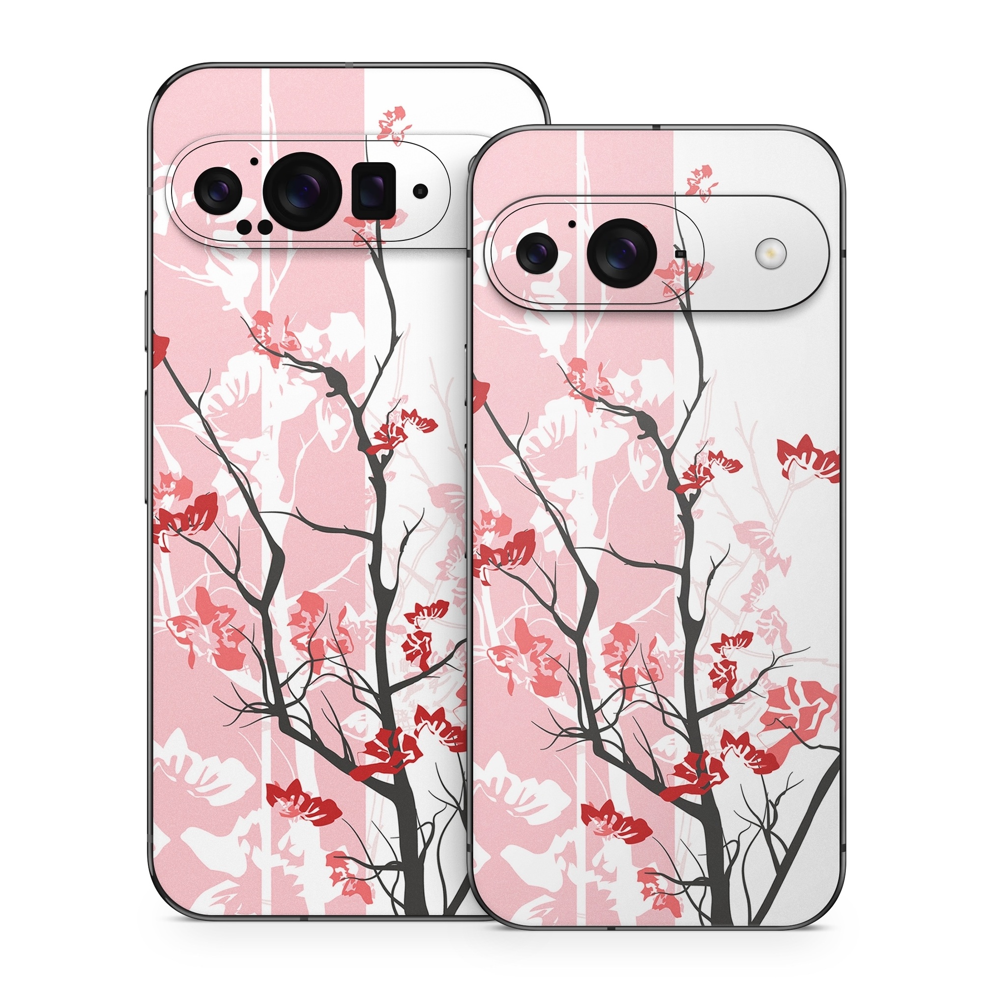 Google Pixel 9 Series Skin design of Branch, Red, Flower, Plant, Tree, Twig, Blossom, Botany, Pink, Spring, with white, pink, gray, red, black colors