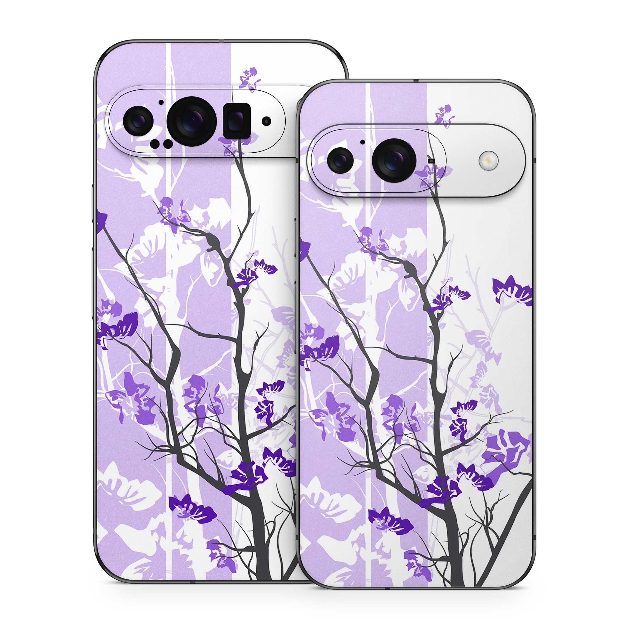 Google Pixel 9 Series Skin design of Branch, Purple, Violet, Lilac, Lavender, Plant, Twig, Flower, Tree, Wildflower, with white, purple, gray, pink, black colors