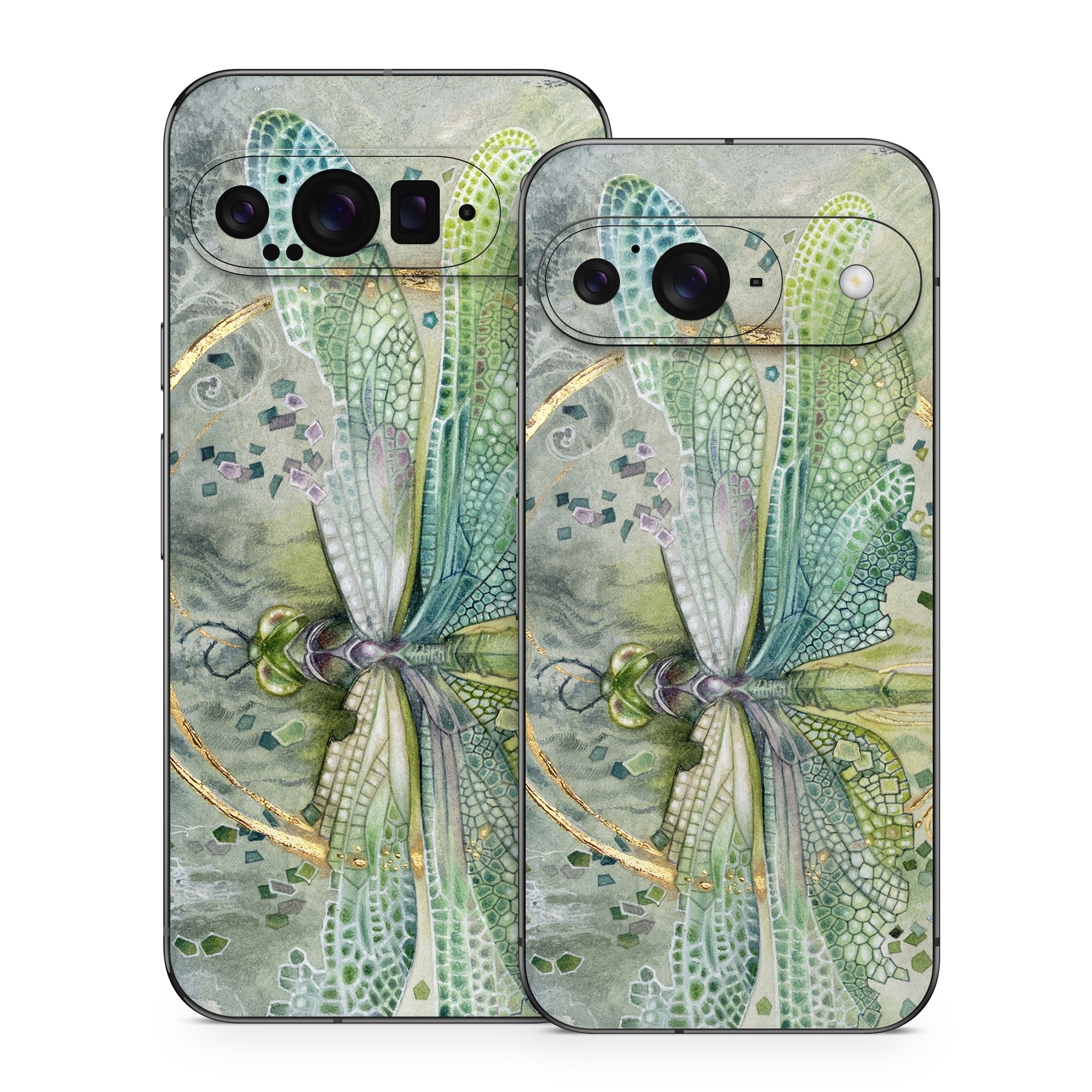 Google Pixel 9 Series Skin design of Green, Painting, Watercolor paint, Water, Acrylic paint, Leaf, Visual arts, Plant, Art, Photography, with green, yellow, blue, gray colors