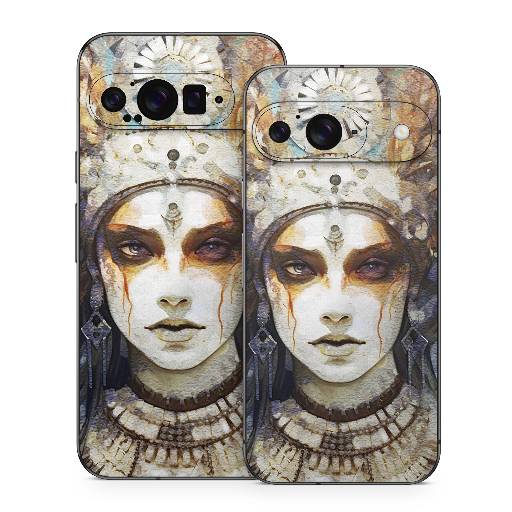 Google Pixel 9 Series Skin design of Eye, Paint, Eyelash, Painting, Art, Headpiece, Beauty, Feather, Illustration, Mask, with white, black, yellow, brown, gray, blue colors