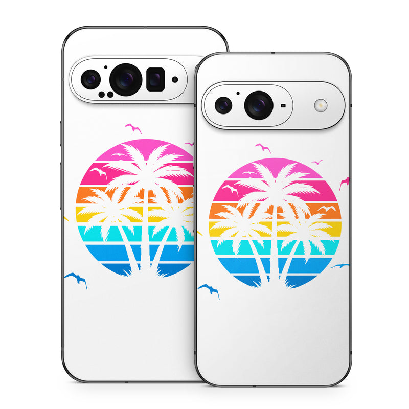 Google Pixel 9 Series Skin design of Palm trees, Graphics, Clip art, Graphic design, with white, pink, orange, yellow, blue colors
