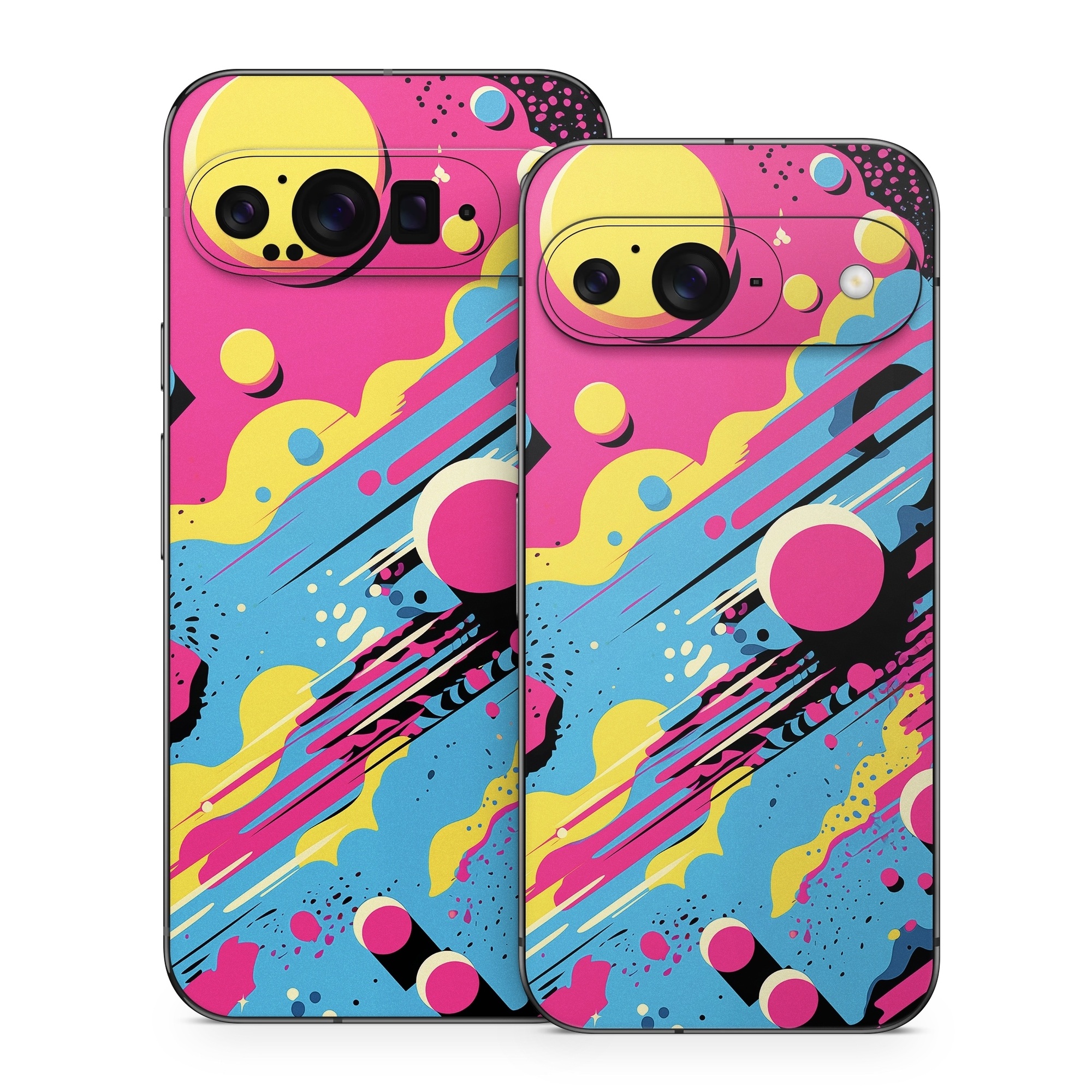 Google Pixel 9 Series Skin design of Colorfulness, Paint, Art, Font, Line, Material property, Magenta, Pattern, Illustration, Circle, with pink, yellow, blue, black, white colors