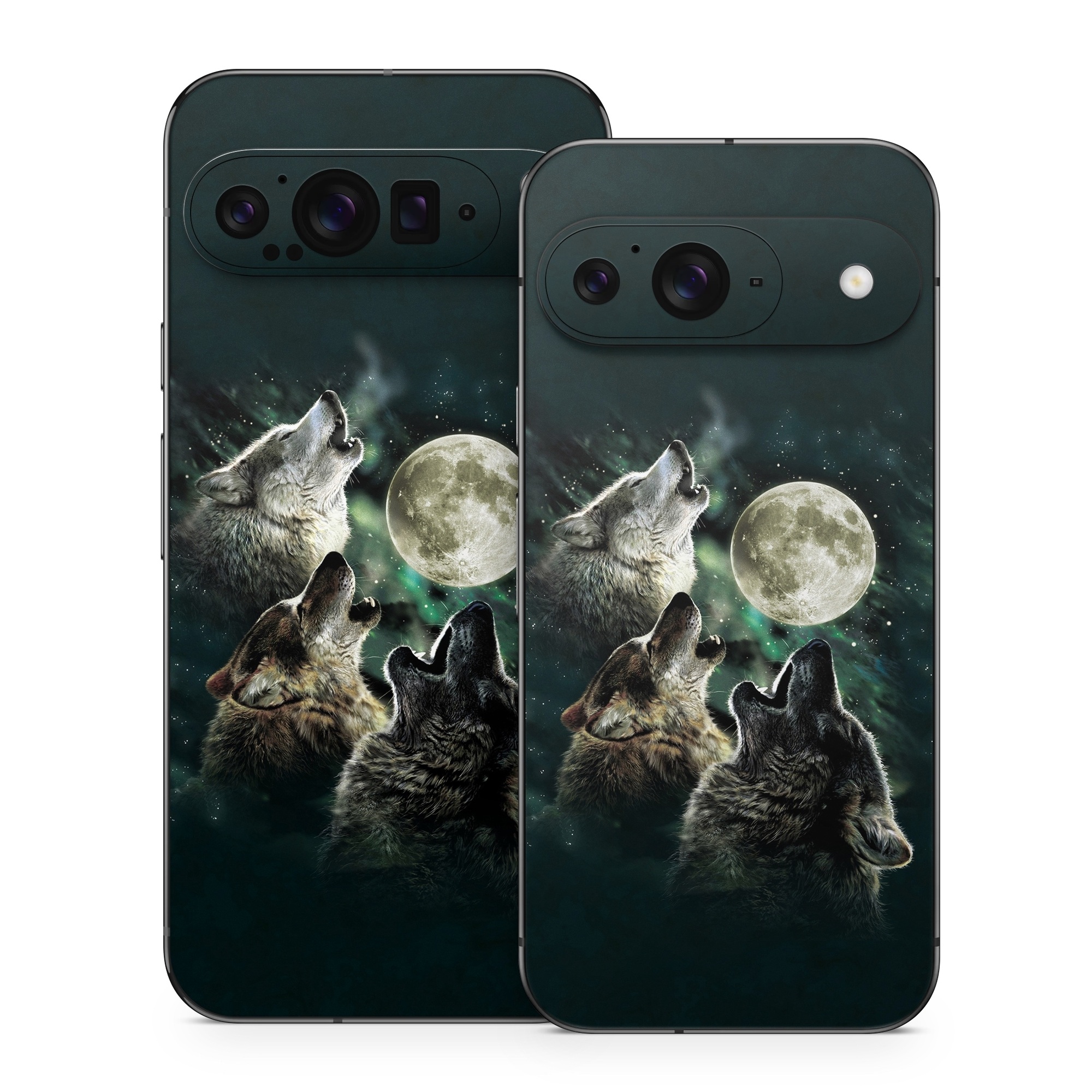 Google Pixel 9 Series Skin design of Wolf, Light, Astronomical object, Moon, Wildlife, Organism, Moonlight, Sky, Atmosphere, Celestial event, with black, gray, green colors