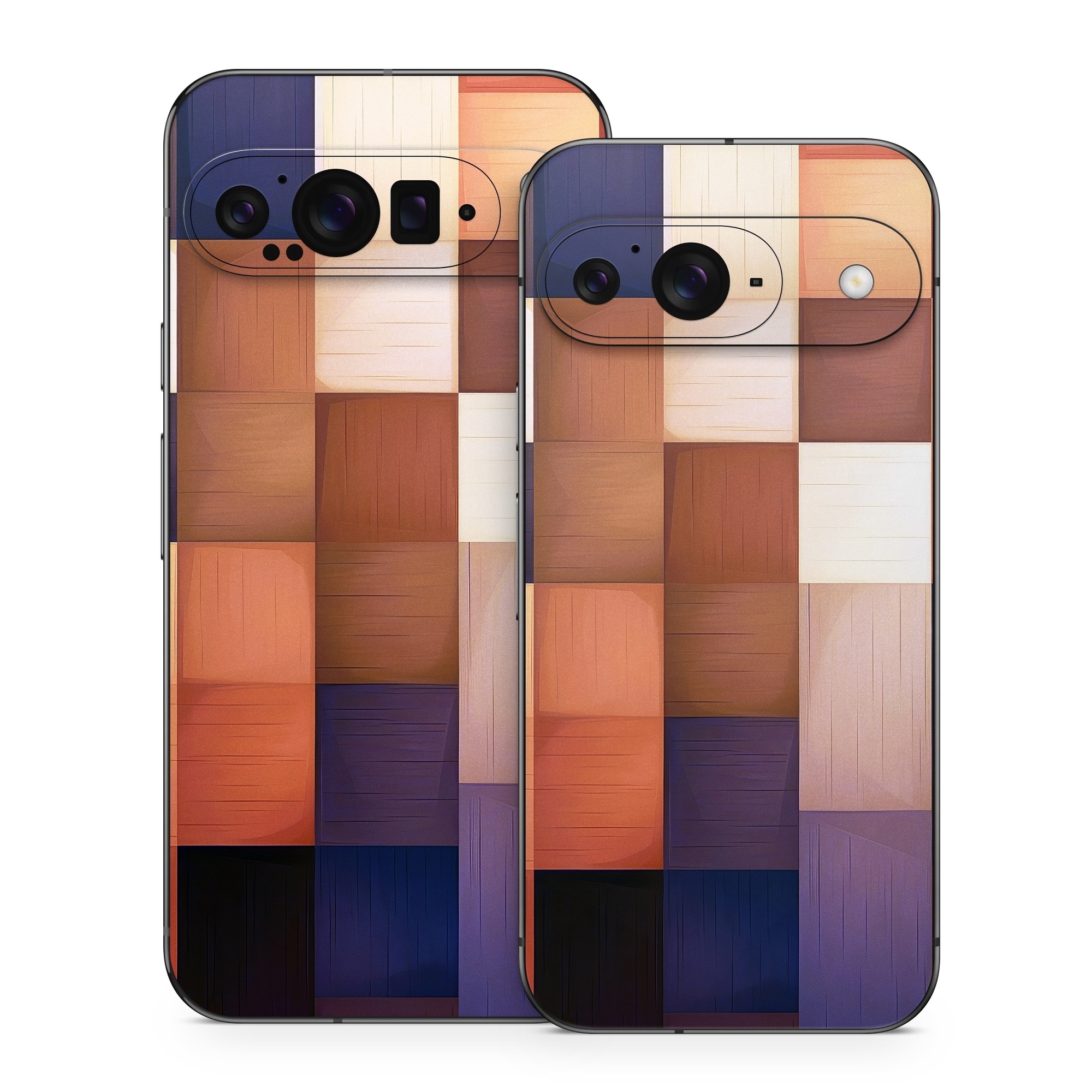 Google Pixel 9 Series Skin design of Brown, Light, Rectangle, Product, Wood, Blue, Orange, Amber, Textile, Wood stain, with yellow, orange, red, black, brown, blue, purple colors