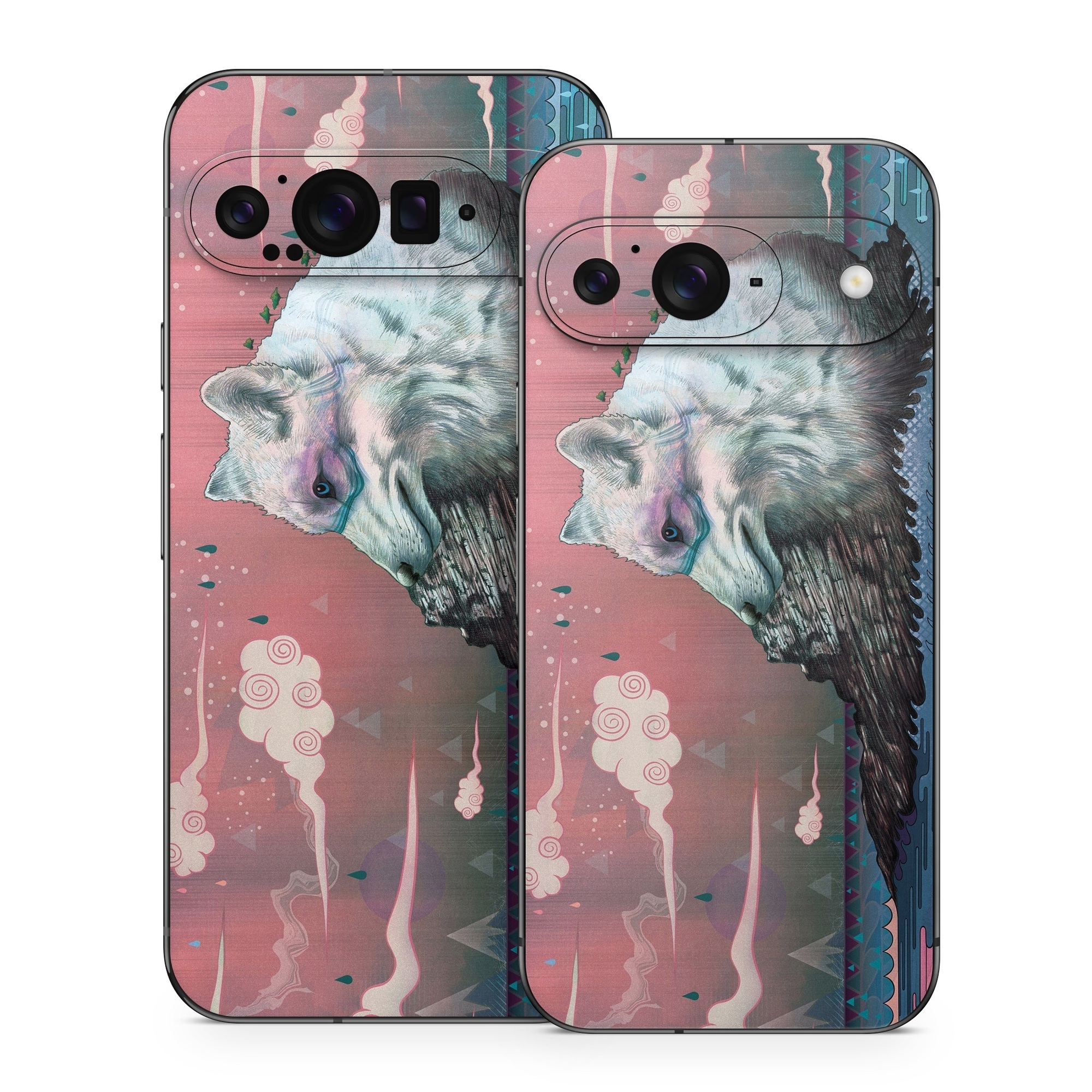 Google Pixel 9 Series Skin design of Illustration, Drawing, Sketch, Art, Graphic design, Lion, Goats, Fictional character, Ink, Bison, with gray, purple, black, red colors