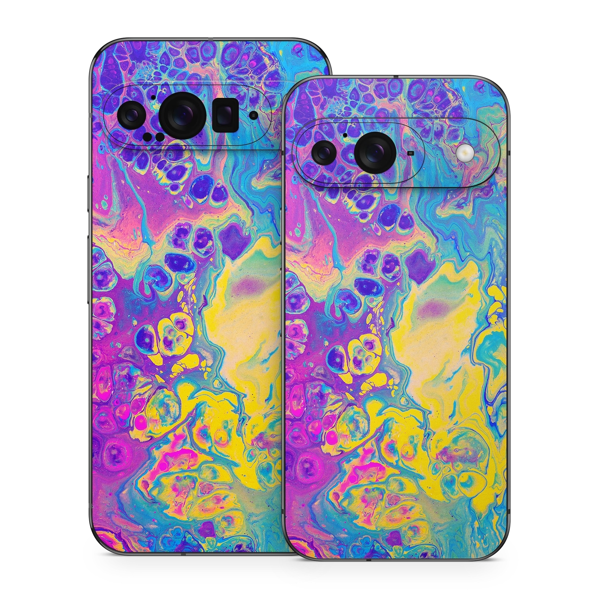 Google Pixel 9 Series Skin design of Psychedelic art, Pattern, Purple, Visual arts, Design, Art, Fractal art, Electric blue, Graphic design, Graphics, with blue, yellow, purple, pink colors