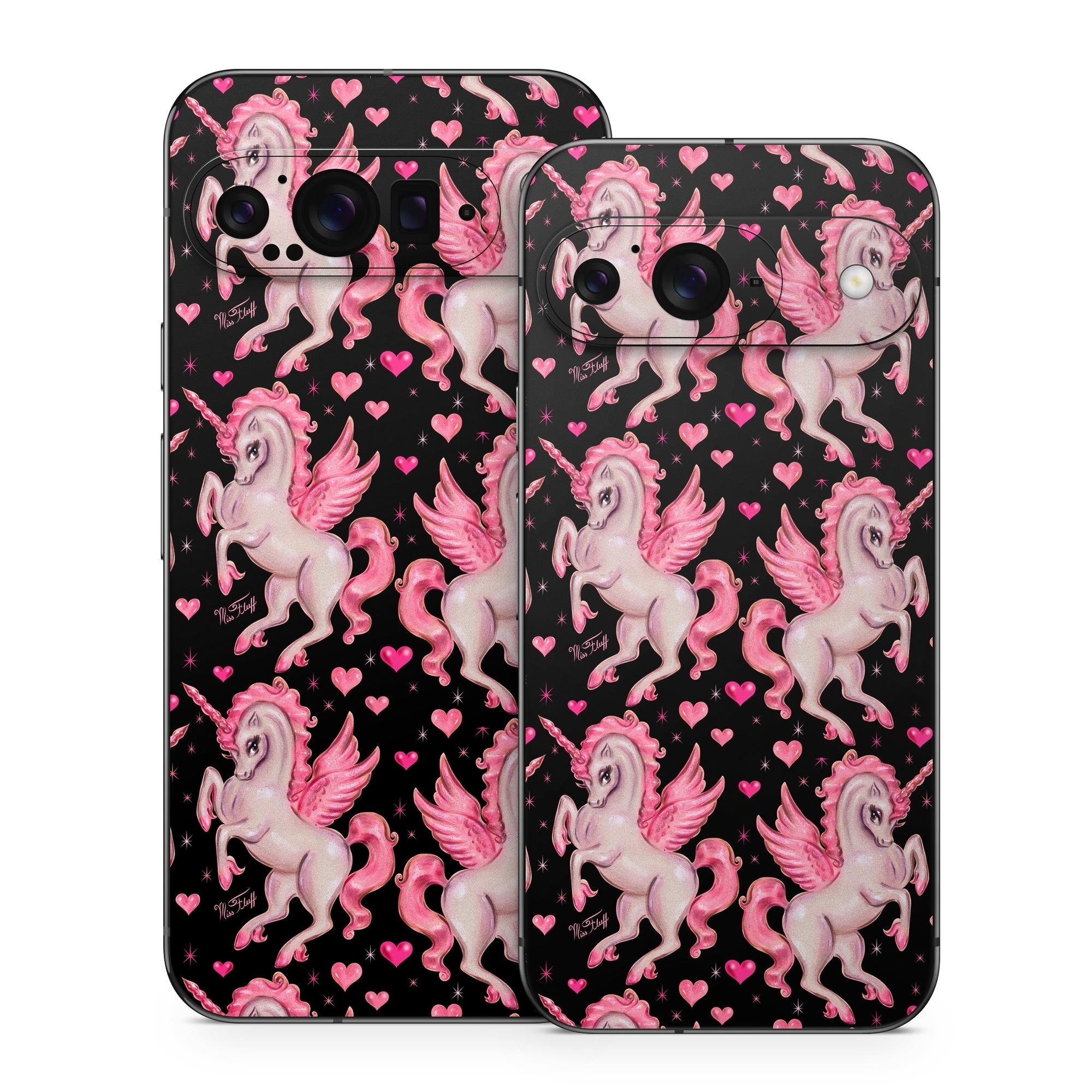 Google Pixel 9 Series Skin design of Pink, Pattern, Fictional character, Design, Illustration, Font, Unicorn, Graphic design, Mythical creature, Art, with black, pink colors