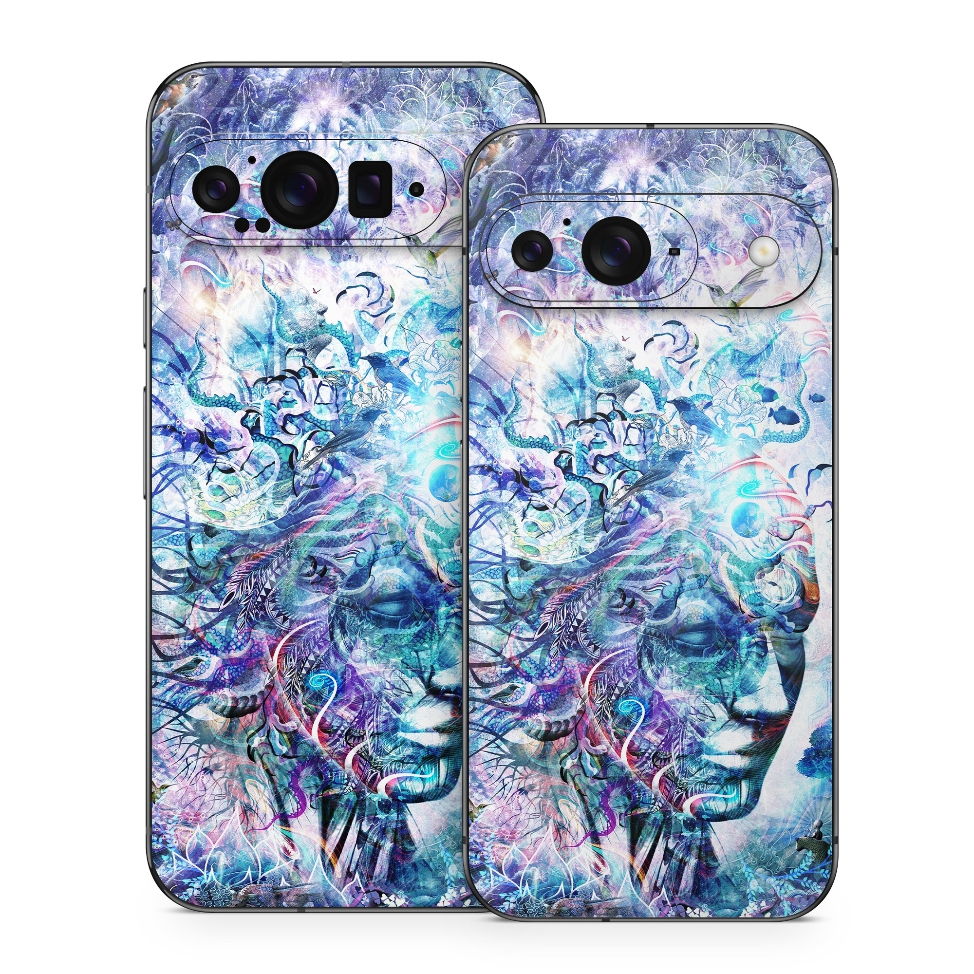 Google Pixel 9 Series Skin design of Psychedelic art, Water, Fractal art, Art, Pattern, Graphic design, Design, Illustration, Electric blue, Visual arts, with blue, purple, green, red, gray, white colors