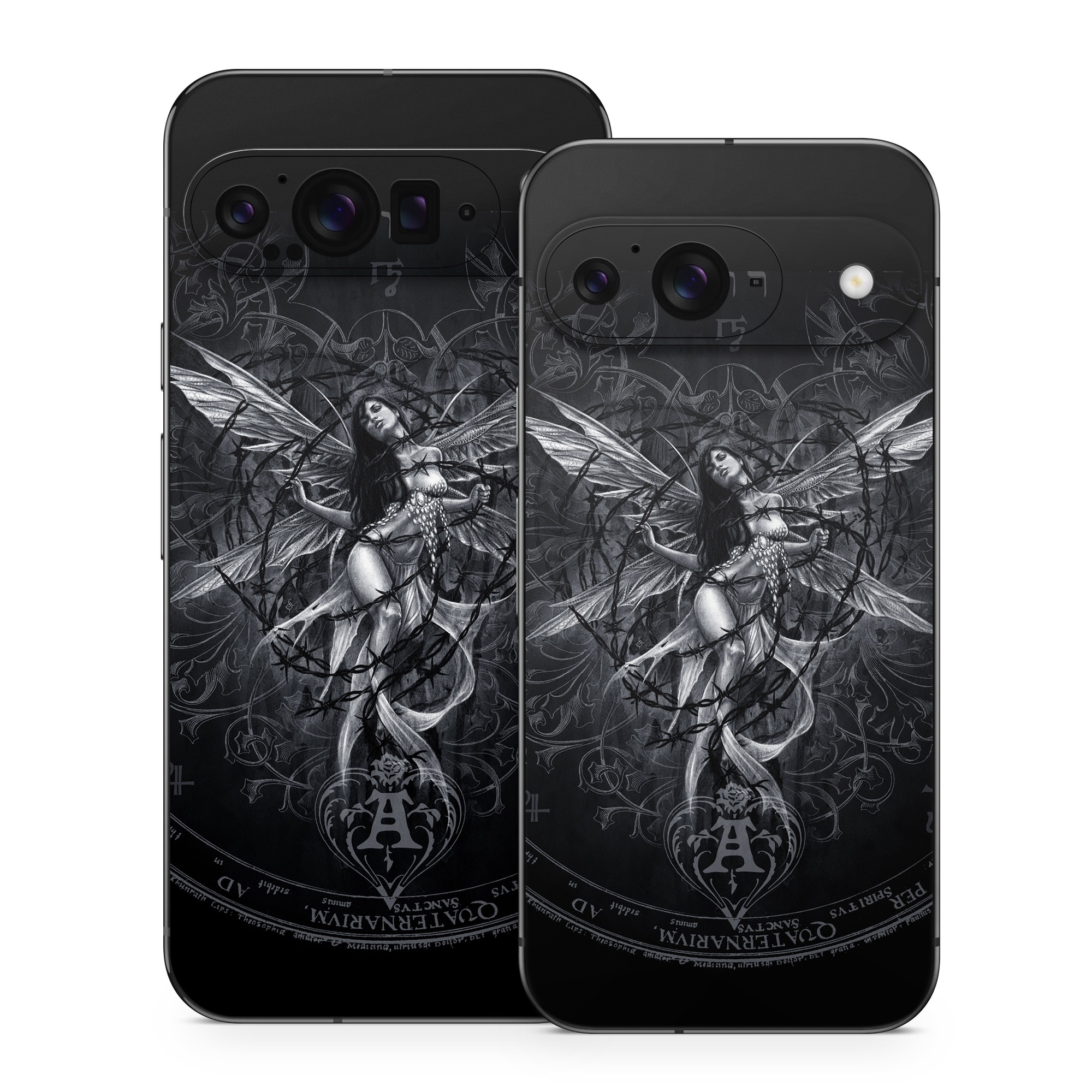 Google Pixel 9 Series Skin design of Illustration, Graphic design, Darkness, Fictional character, Black-and-white, Pattern, Graphics, Mythical creature, Circle, Wing, with black, white colors