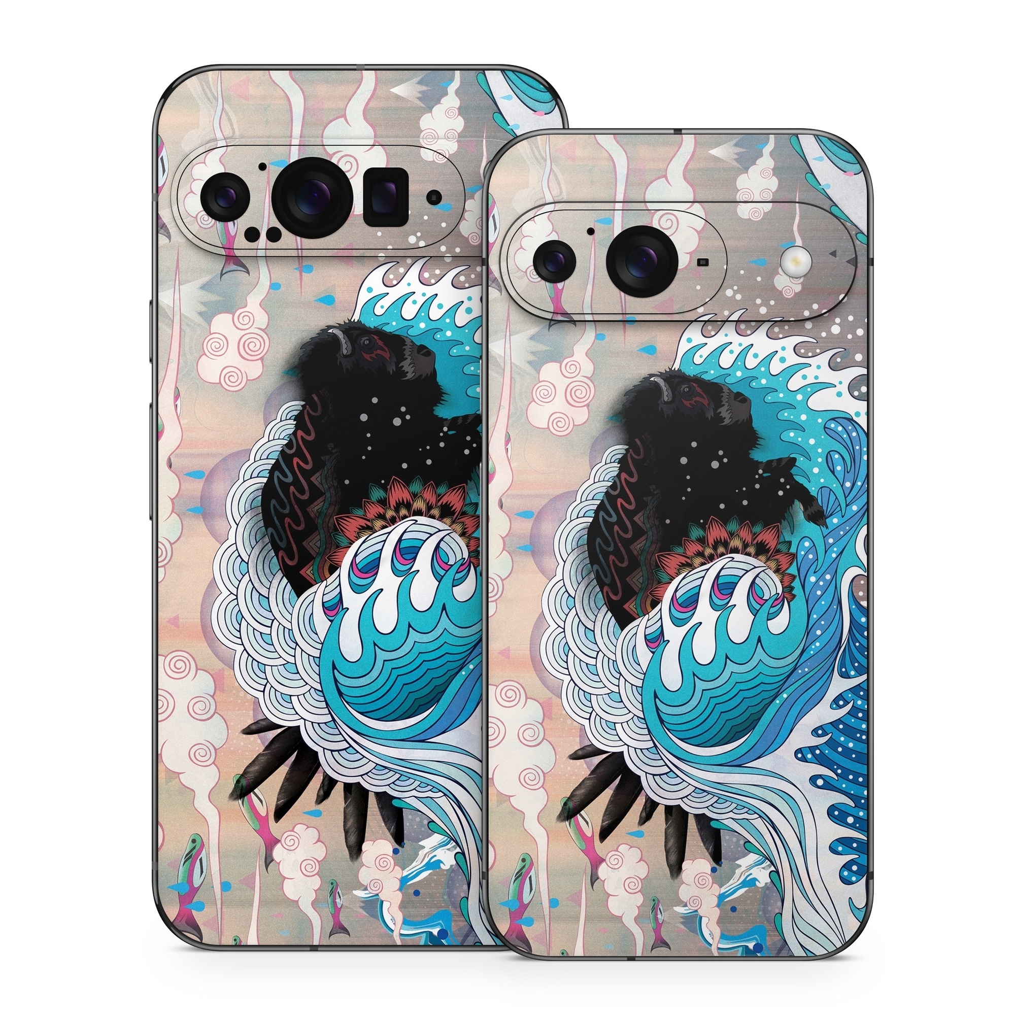 Google Pixel 9 Series Skin design of Blue, Turquoise, Illustration, Aqua, Graphic design, Pattern, Art, Design, Graphics, Visual arts, with gray, blue, black, pink, white colors