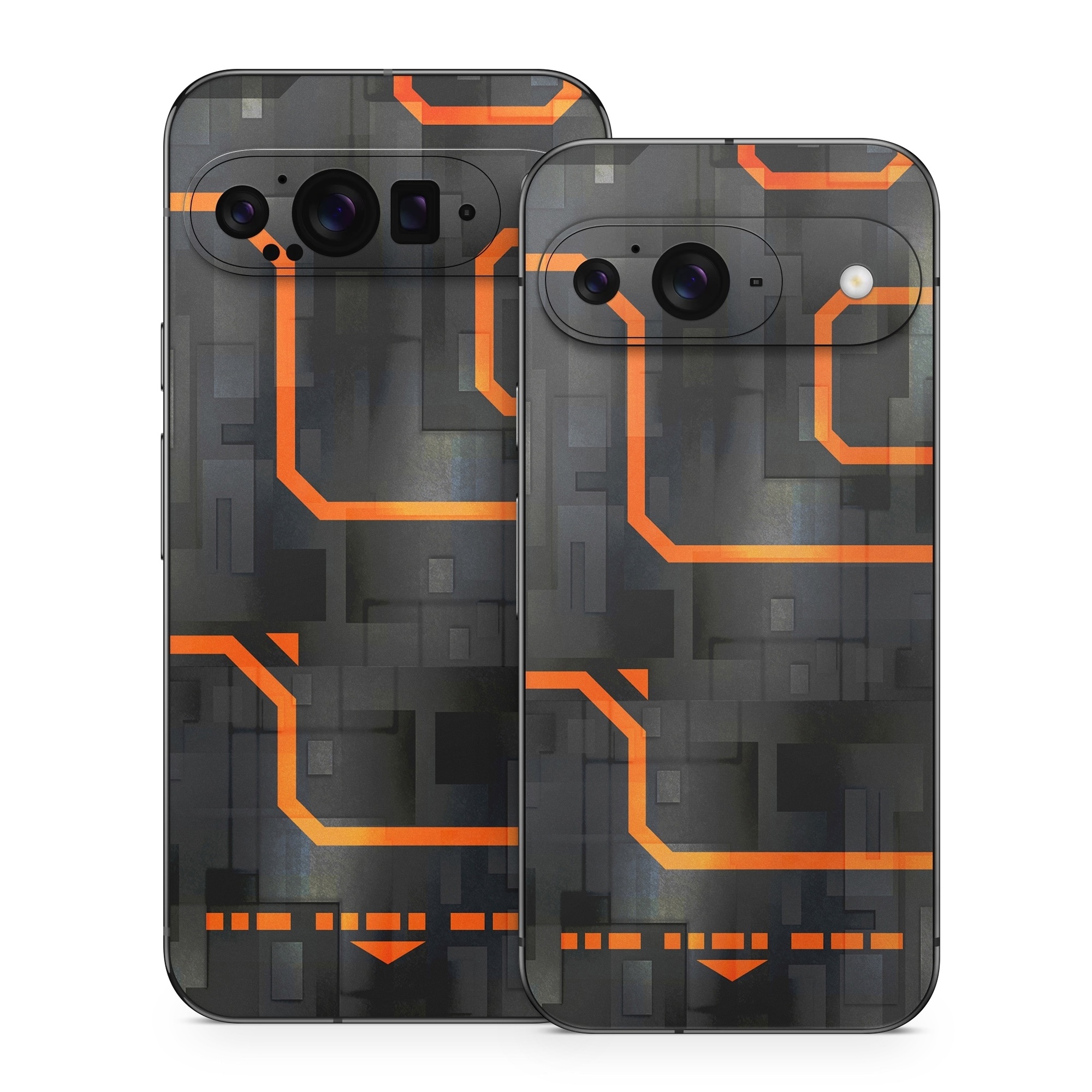 Google Pixel 9 Series Skin design of Orange, Font, Parallel, Pattern, Graphics, Rectangle, Logo, Brand, Graphic design, Event, with black, orange colors