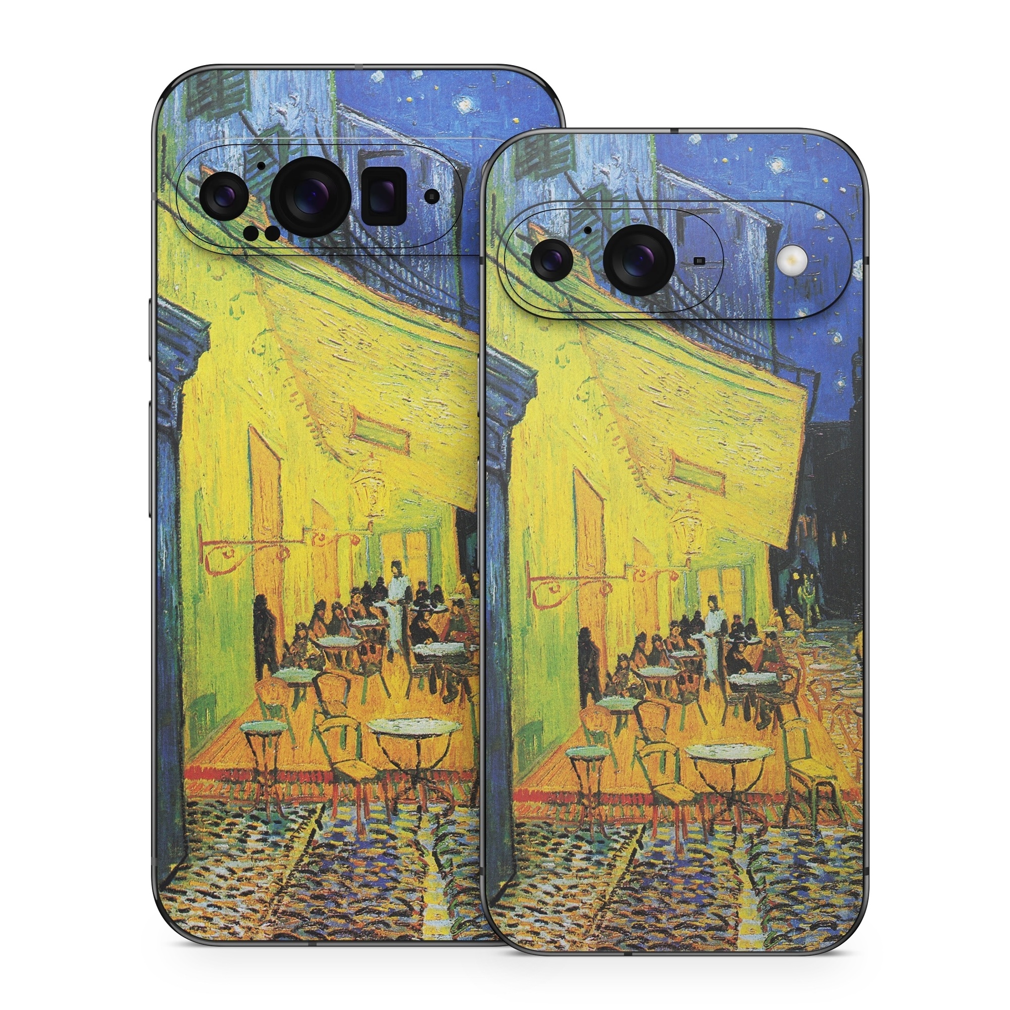Google Pixel 9 Series Skin design of Painting, Art, Yellow, Watercolor paint, Illustration, Modern art, Visual arts, Street, Infrastructure, Tree, with green, black, blue, gray, red colors