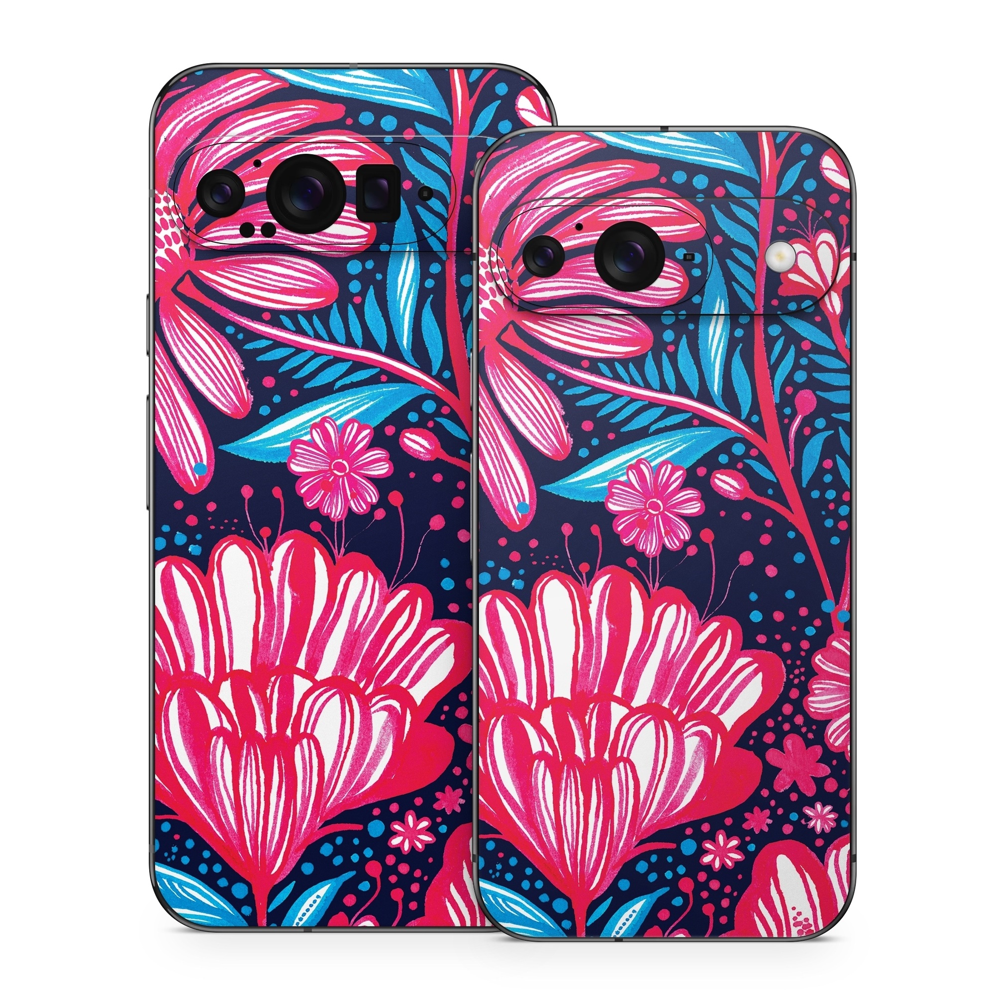 Google Pixel 9 Series Skin design of Pattern, Red, Pink, Floral design, Textile, Design, Flower, Plant, Petal, with black, white, red, blue, pink colors