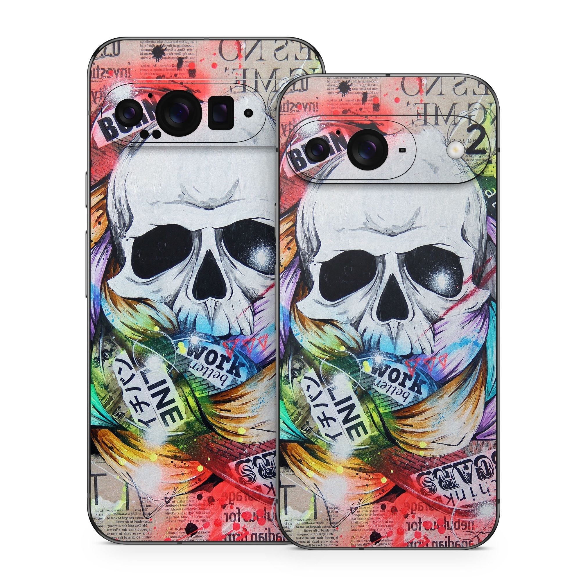 Google Pixel 9 Series Skin design of Street art, Text, Graphic design, Font, Illustration, Art, Graffiti, Skull, Poster, Advertising, with gray, black, red, green, blue colors