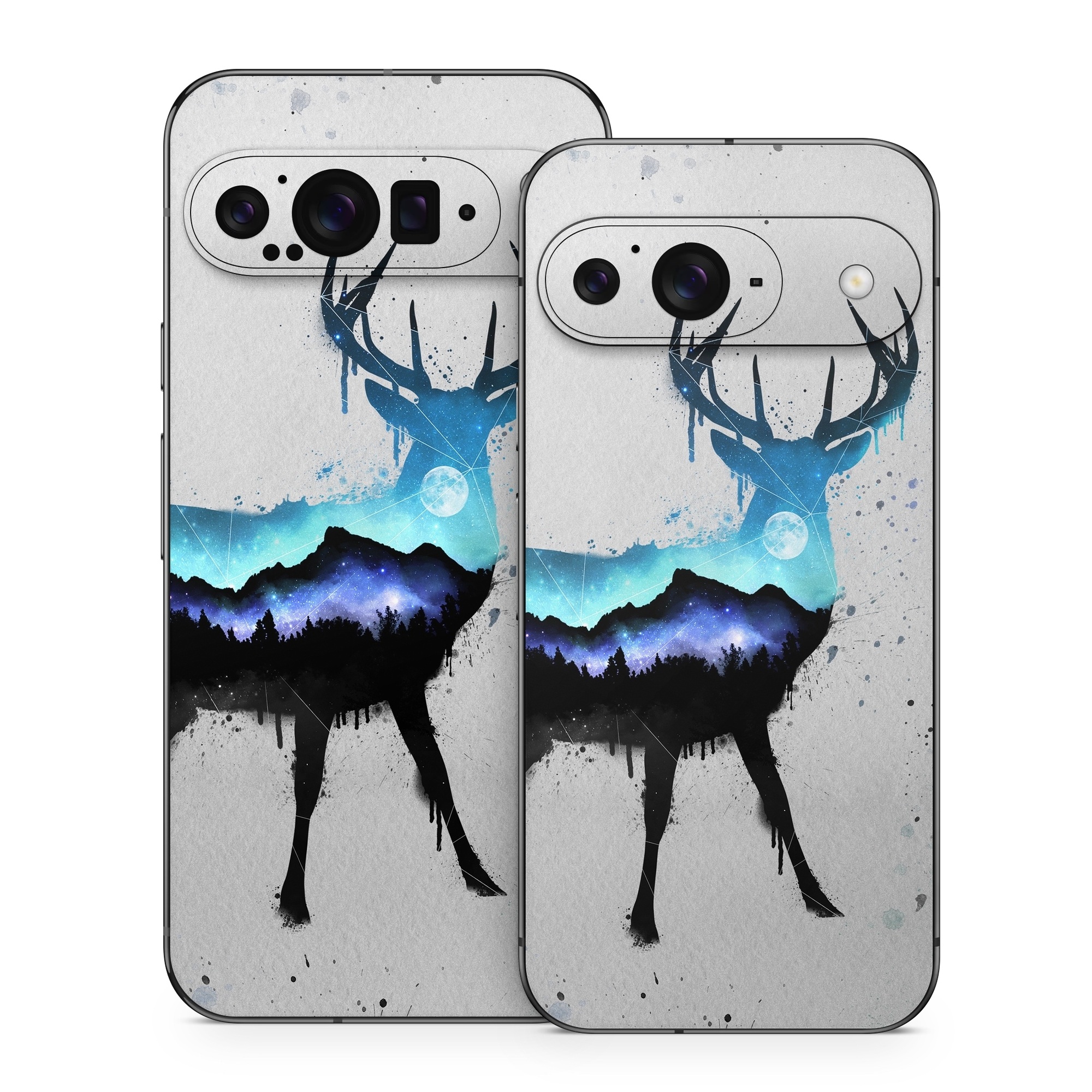 Google Pixel 9 Series Skin design of Reindeer, Deer, Illustration, Watercolor paint, Art, Elk, Wildlife, Drawing, Paint, Graphics, with gray, black, blue, purple, white colors