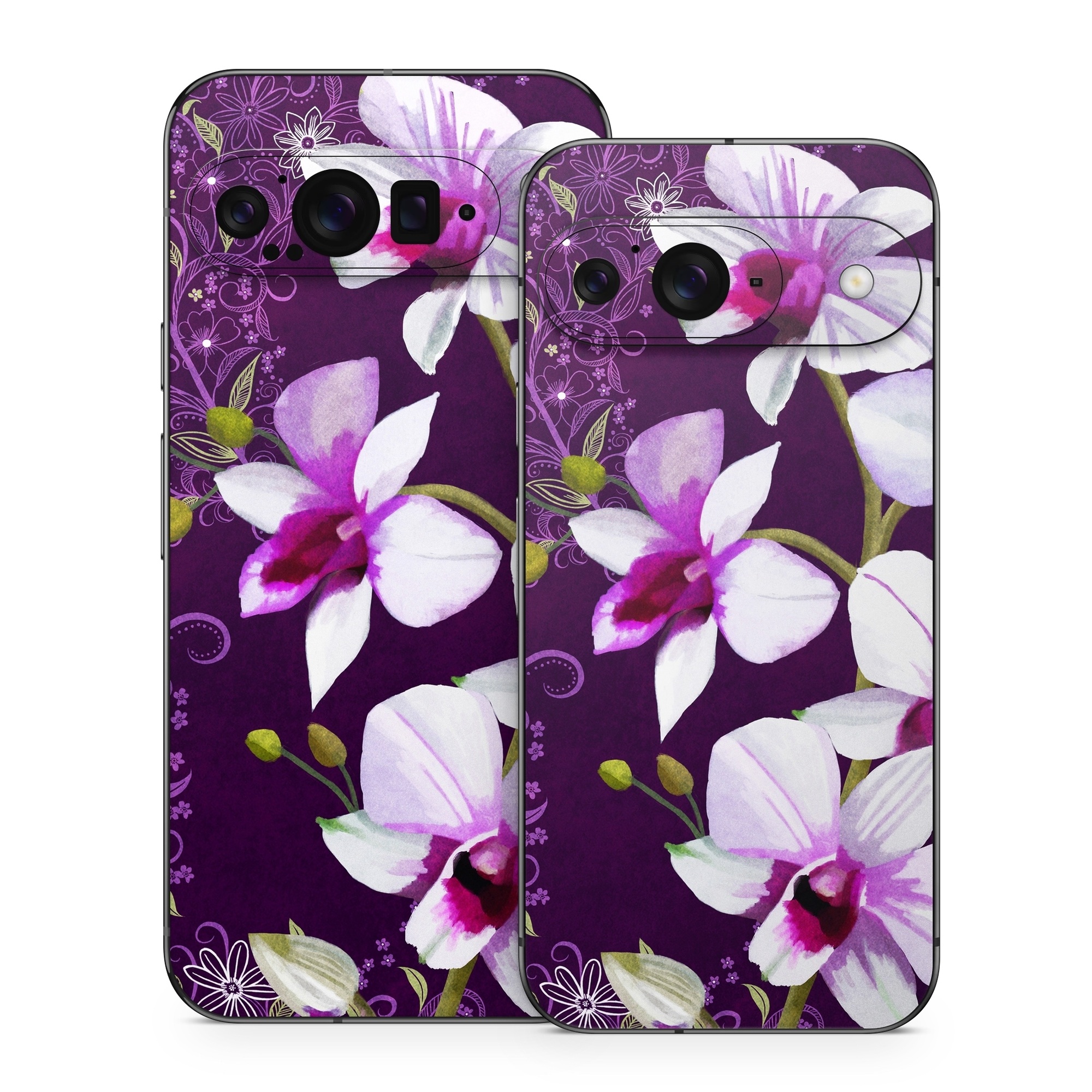 Google Pixel 9 Series Skin design of Flower, Purple, Petal, Violet, Lilac, Plant, Flowering plant, cooktown orchid, Botany, Wildflower, with black, gray, white, purple, pink colors