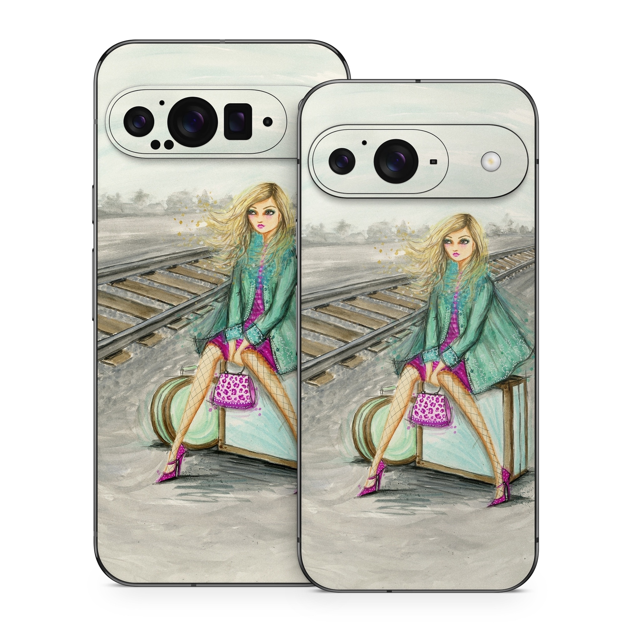 Google Pixel 9 Series Skin design of Fashion illustration, Pink, Illustration, Fashion, Watercolor paint, Art, Magenta, Fashion design, Sitting, Drawing, with gray, green, pink, white, yellow, purple, blue colors