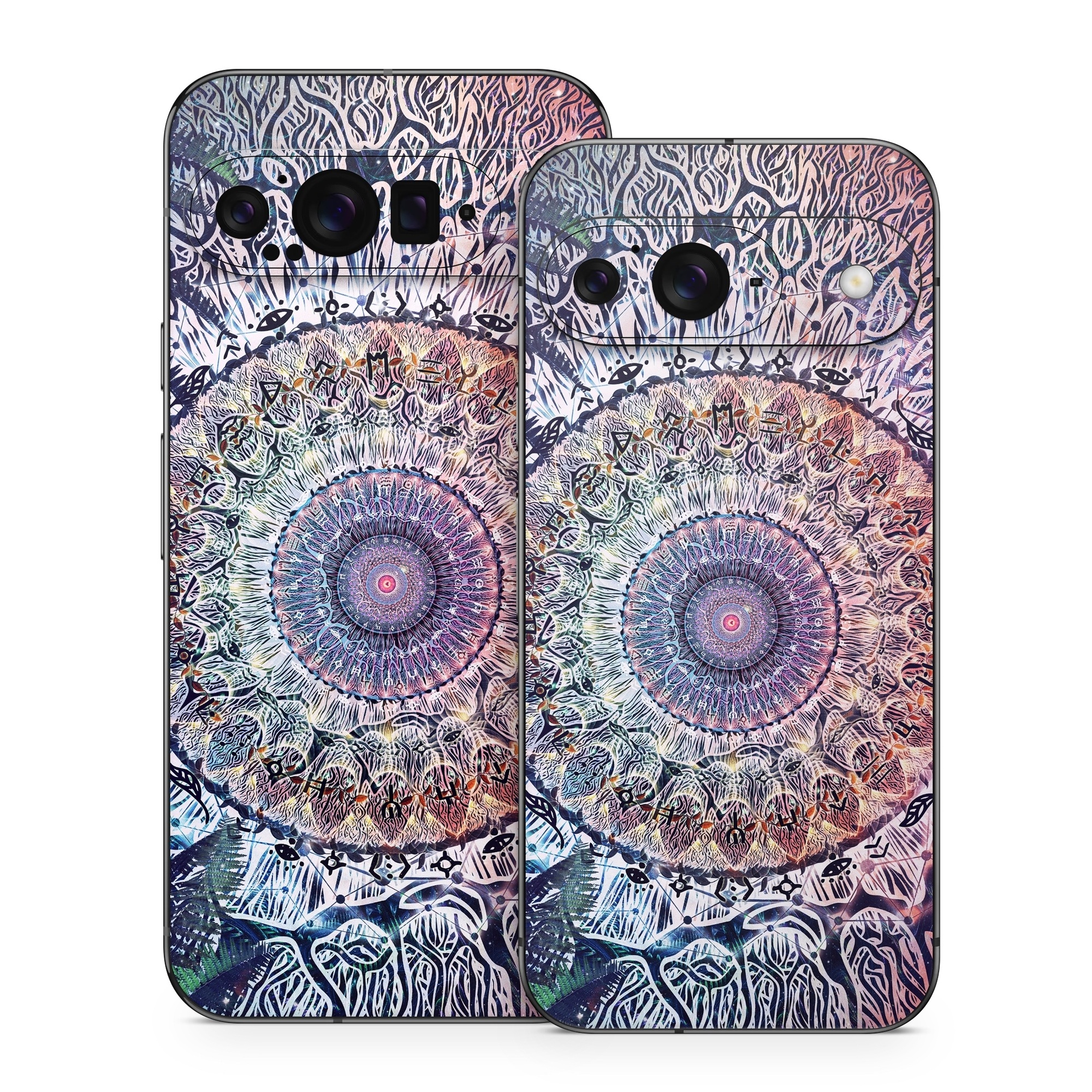 Google Pixel 9 Series Skin design of Tapestry, Pattern, Art, Close-up, Circle, Fractal art, Textile, Eye, Design, Kaleidoscope, with blue, red, yellow, purple, green colors