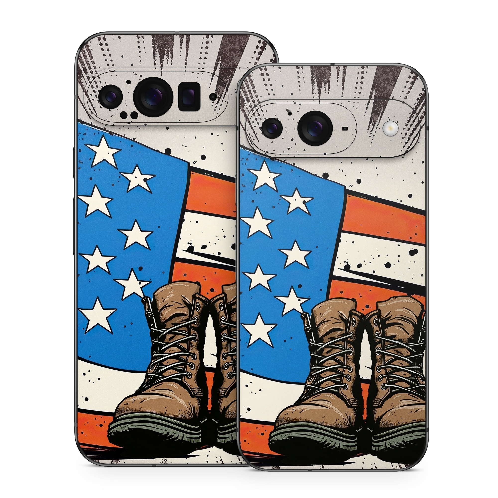 Google Pixel 9 Series Skin design of Footwear, Shoe, Walking shoe, Outdoor shoe, Line, Flag of the united states, Sneakers, Font, Art, Human leg, with red, blue, white, black, brown, gray colors