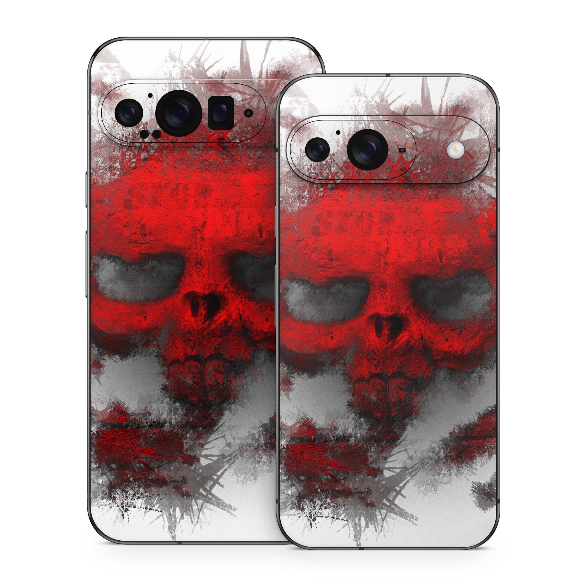 Google Pixel 9 Series Skin design of Red, Graphic design, Skull, Illustration, Bone, Graphics, Art, Fictional character, with red, gray, black, white colors
