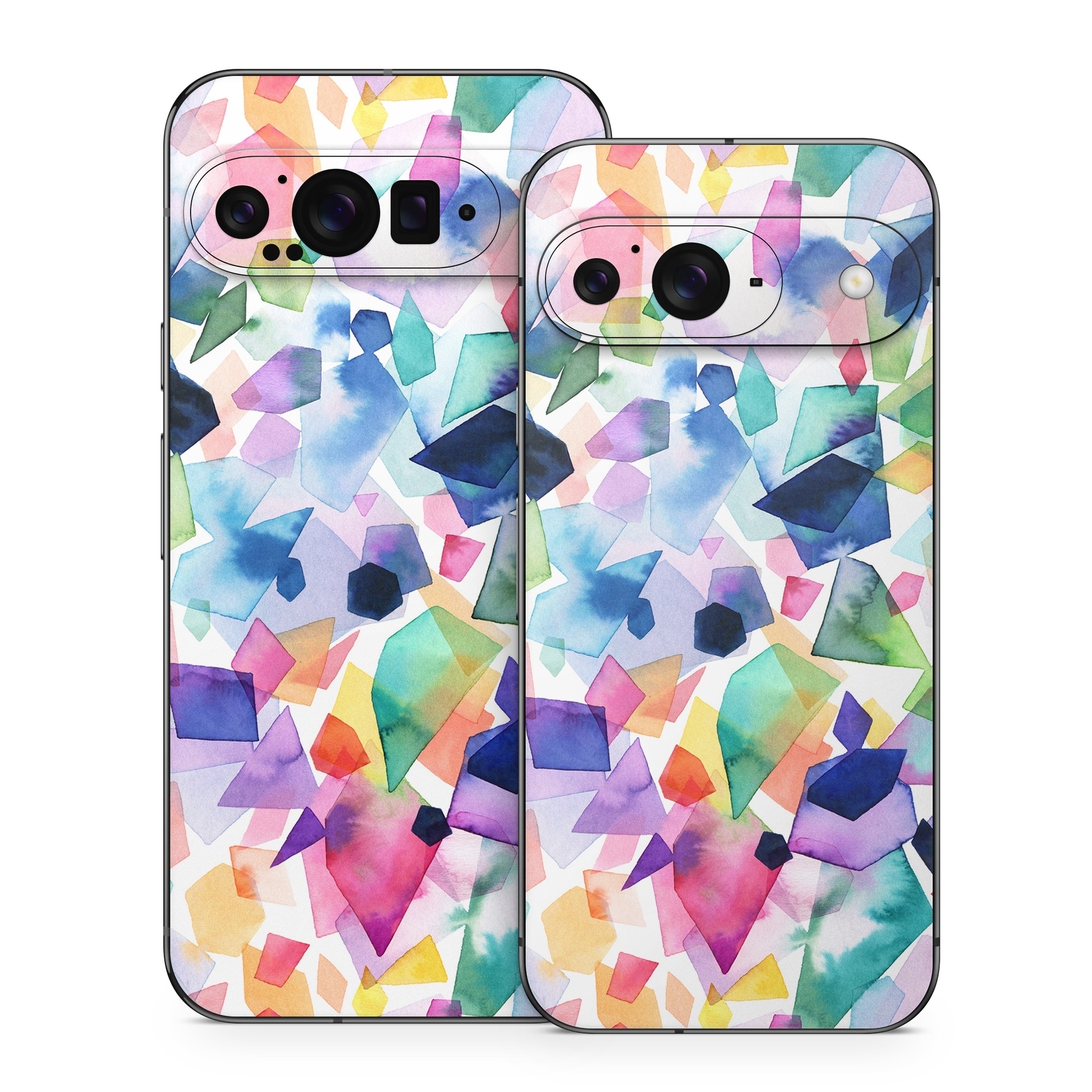 Google Pixel 9 Series Skin design of Colorfulness, Azure, Triangle, Art, Font, Line, Aqua, Material property, Creative arts, Symmetry, with white, blue, green, red, pink, orange, yellow, purple colors