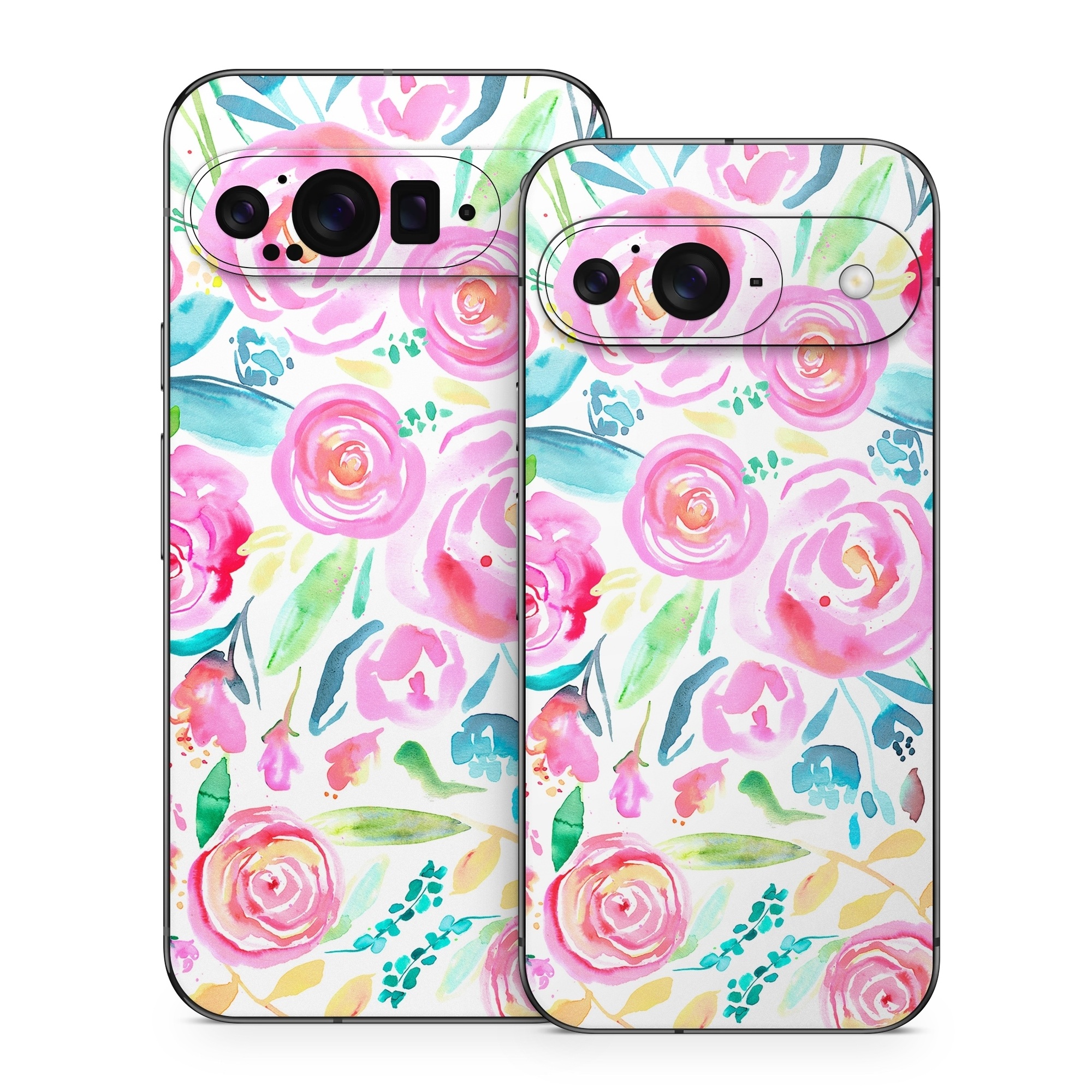 Google Pixel 9 Series Skin design of Flower, Plant, Petal, Pink, Art, Material property, Magenta, Flowering plant, Pattern, Rose family, with white, pink, green, blue, yellow colors