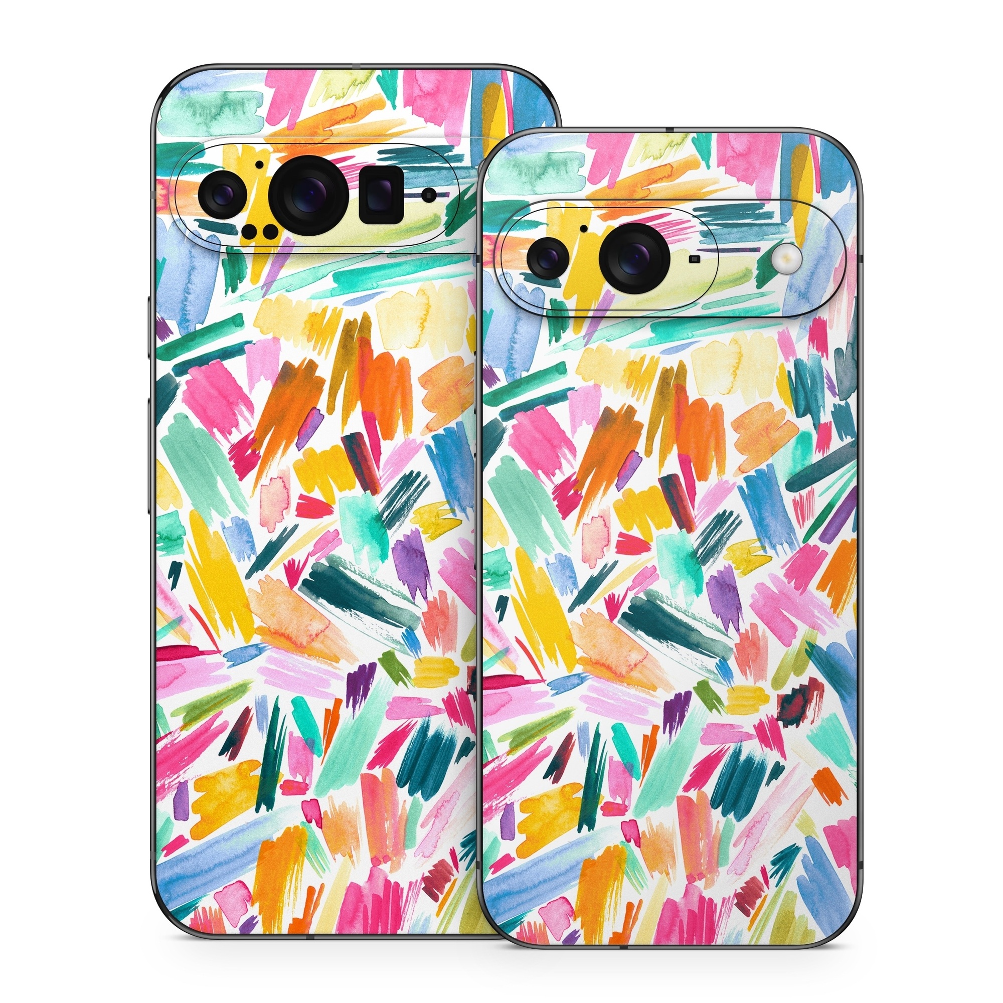 Google Pixel 9 Series Skin design of Colorfulness, Art, Triangle, Pattern, Painting, Symmetry, Creative arts, Paint, Electric blue, Art paint, with white, pink, blue, yellow, orange, red, green, gray colors