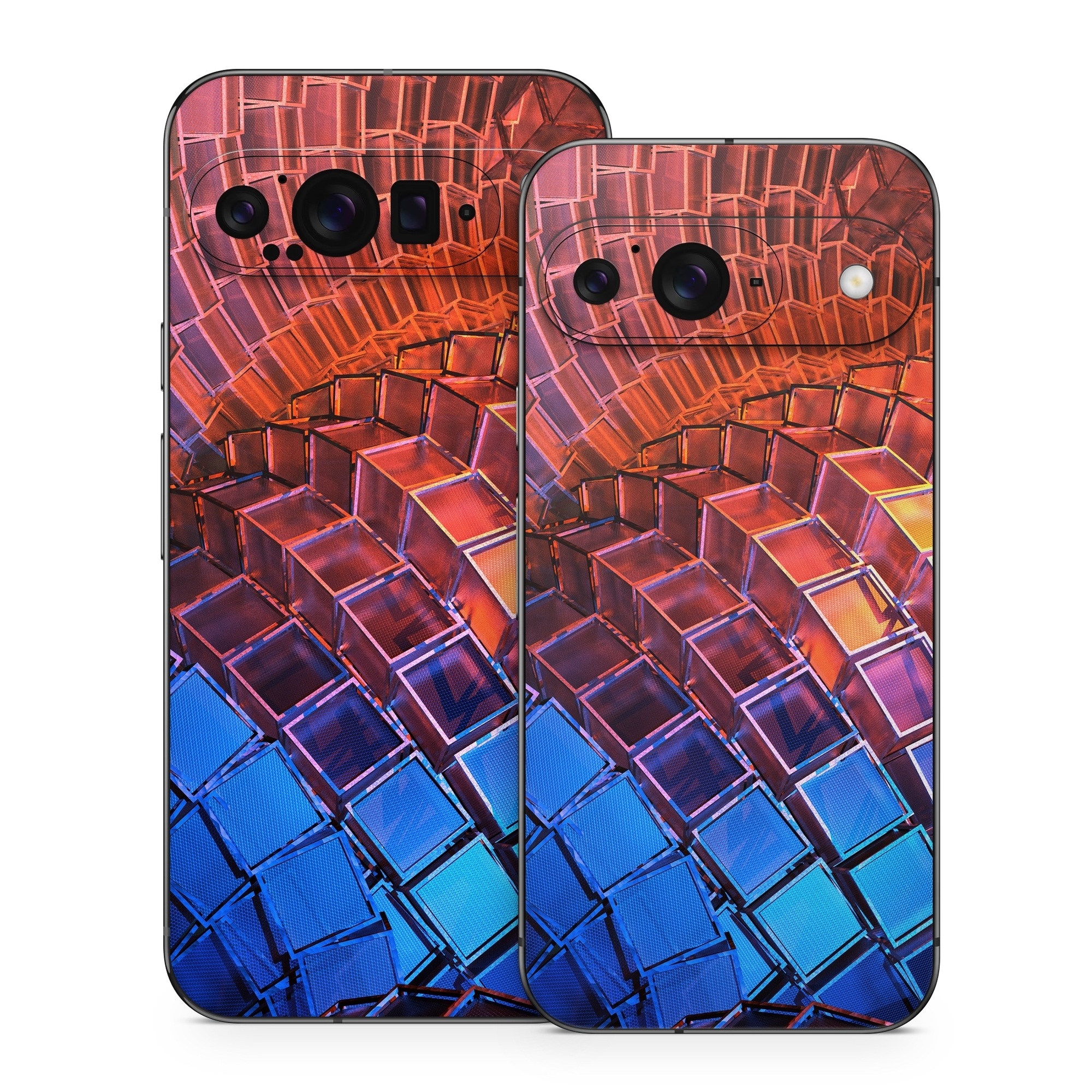 Google Pixel 9 Series Skin design of Blue, Red, Orange, Light, Pattern, Architecture, Design, Fractal art, Colorfulness, Psychedelic art, with black, red, blue, purple, gray colors