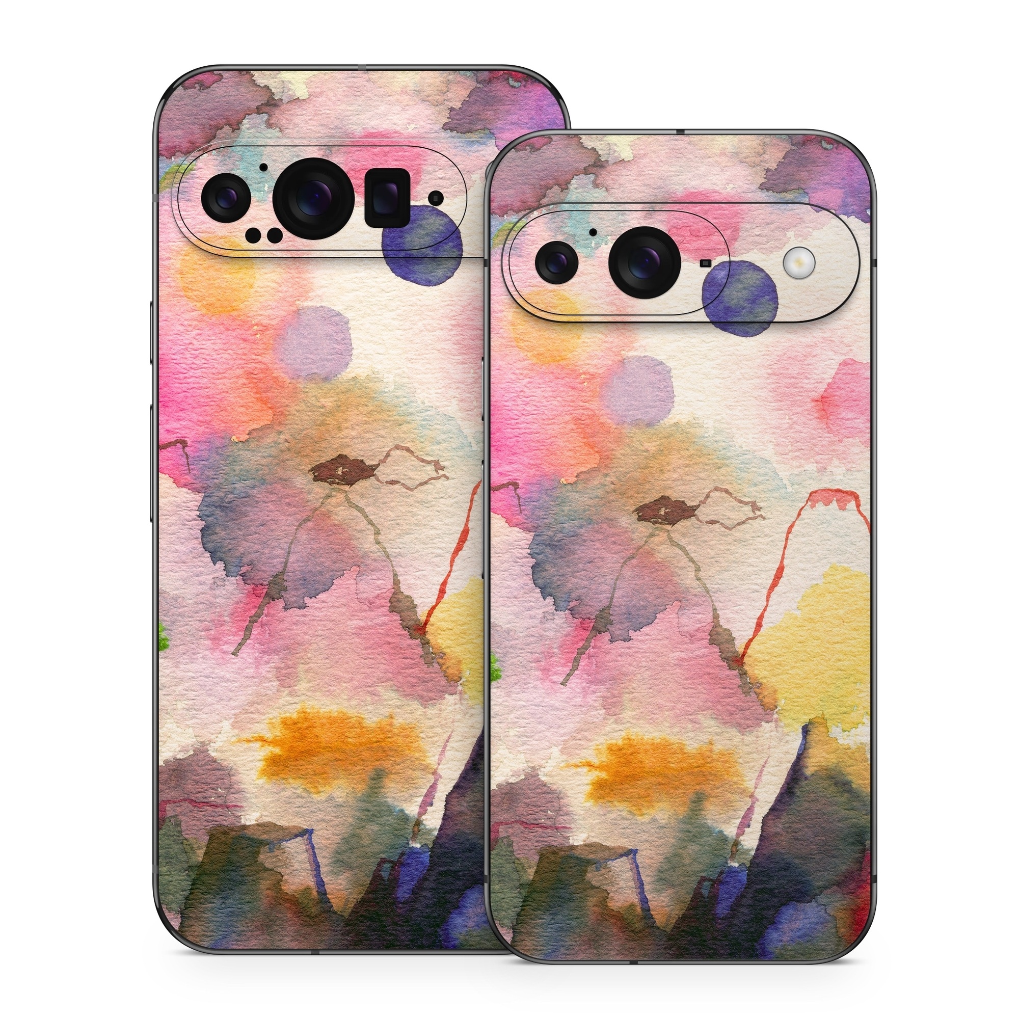 Google Pixel 9 Series Skin design of Watercolor paint, Flower, Textile, Painting, Art, Plant, Pattern, Visual arts, Floral design, Paint, with white, pink, red, yellow, green, blue, black, orange colors