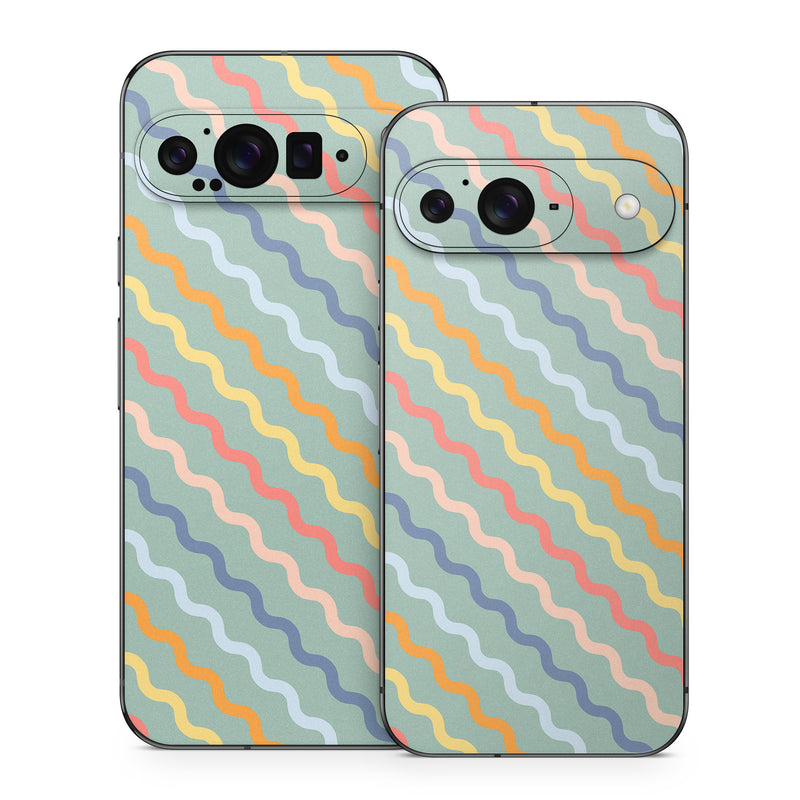 Google Pixel 9 Series Skin design of Azure, Blue, Orange, Textile, Wood, Art, Font, Line, Aqua, Symmetry, with blue, orange, yellow, pink colors