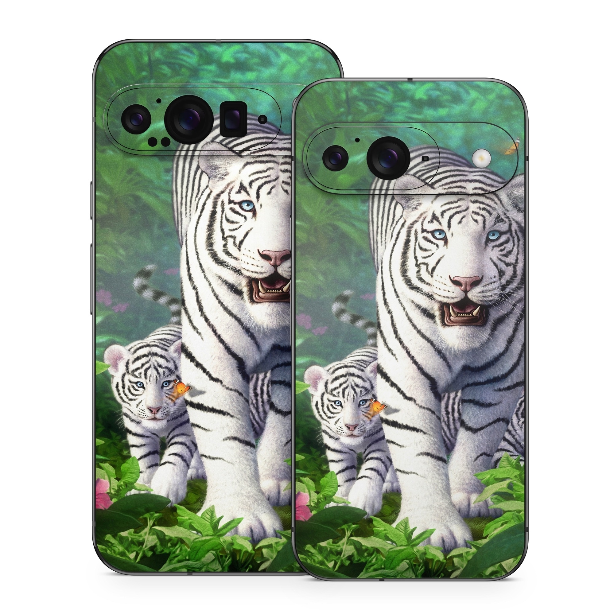 Google Pixel 9 Series Skin design of Plant, Eye, Plant community, Vertebrate, Felidae, Leaf, Botany, Carnivore, Organism, Terrestrial plant, with white, black, blue, green, pink, yellow colors