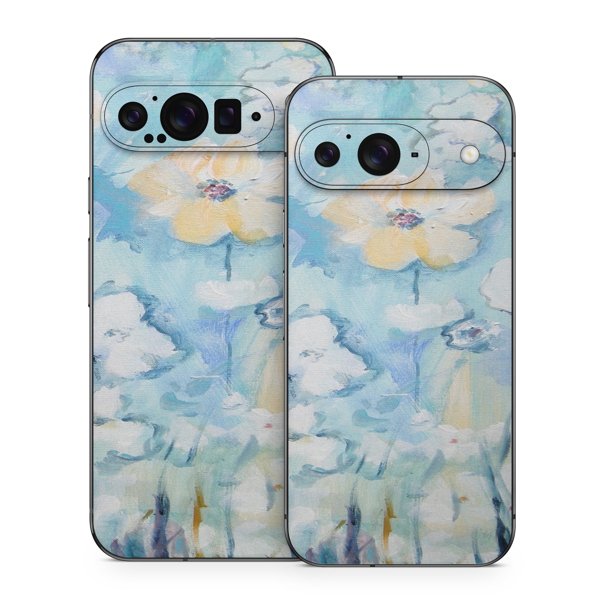 Google Pixel 9 Series Skin design of Blue, Watercolor paint, Painting, Flower, Plant, Art, Acrylic paint, Wildflower, Visual arts, Floral design, with gray, blue colors