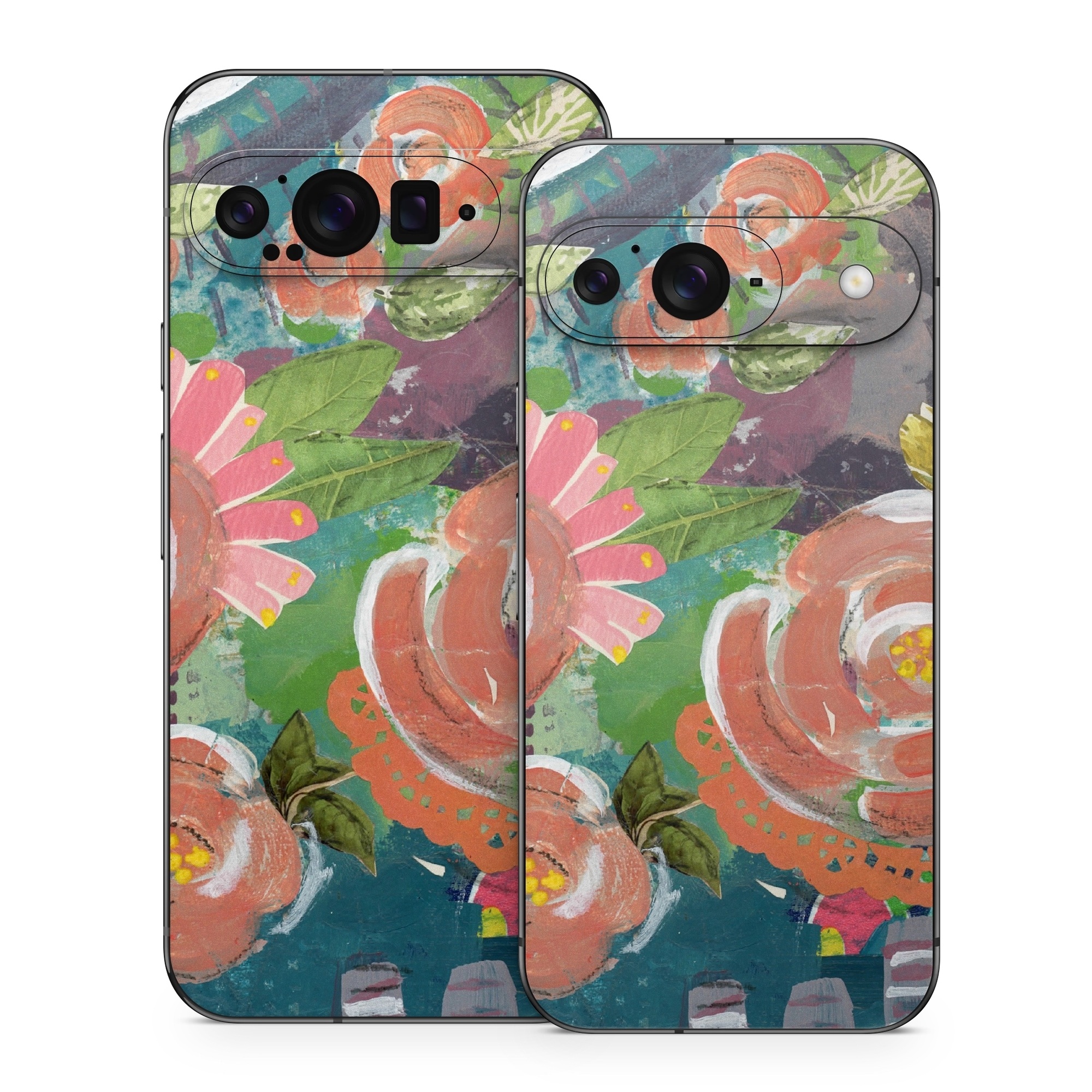 Google Pixel 9 Series Skin design of Painting, Watercolor paint, Still life, Child art, Art, Illustration, Acrylic paint, Flower, Visual arts, Textile, with green, pink, red, yellow, blue, white, black, gray colors