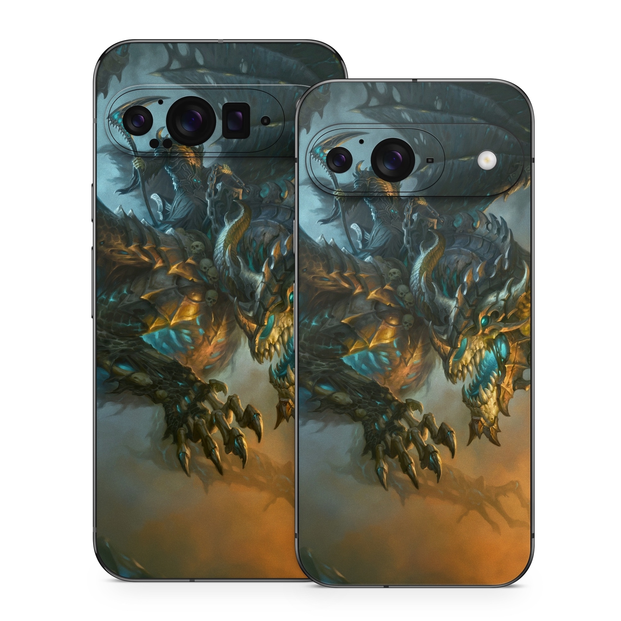 Google Pixel 9 Series Skin design of Dragon, Cg artwork, Fictional character, Mythical creature, Demon, Mythology, Illustration, Cryptid, Art, with orange, yellow, black, brown, blue, white colors