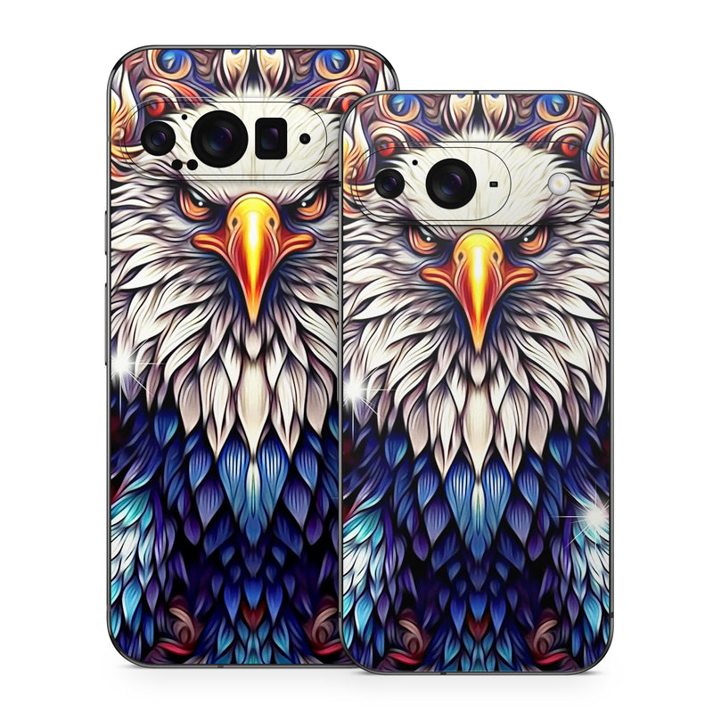 Google Pixel 9 Series Skin design of Accipitridae, Bird of prey, Eagle, Wing, Beak, Accipitriformes, Bird, Falconiformes, Bald eagle, Sea eagle, with red, blue, white, yellow, orange, brown, gray colors