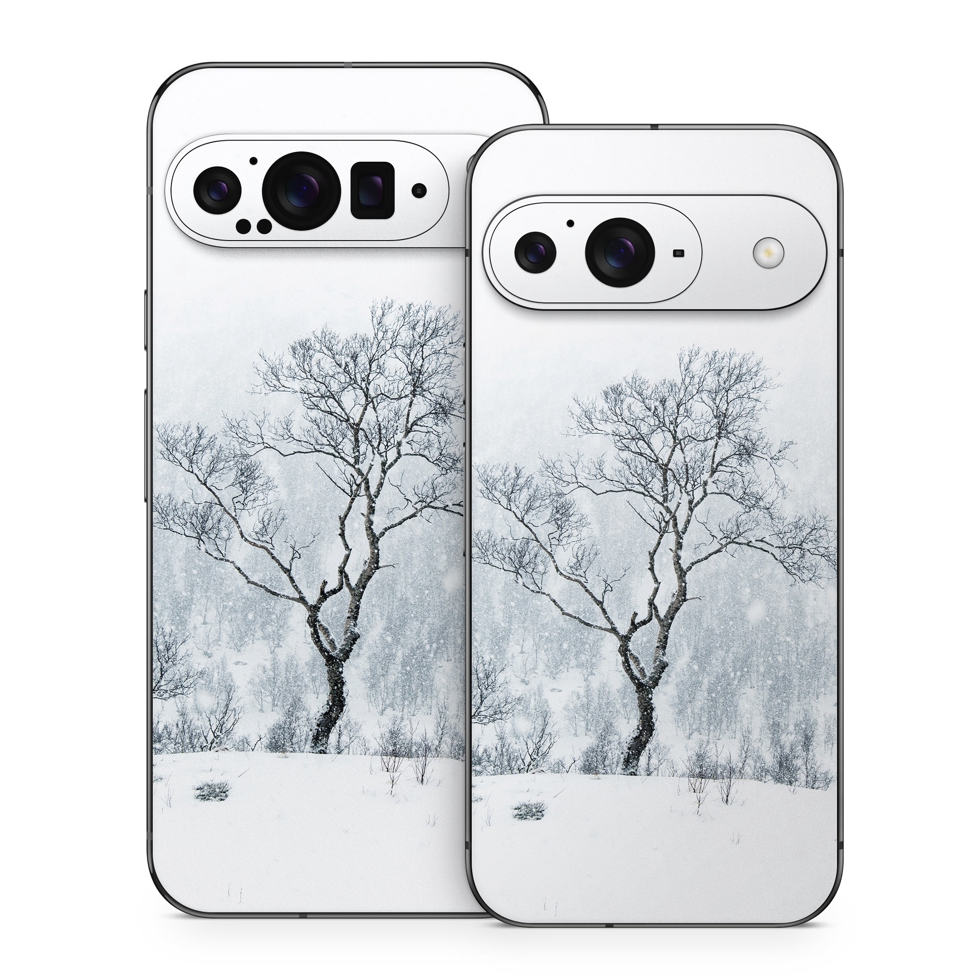 Google Pixel 9 Series Skin design of Snow, Winter, Tree, Nature, White, Sky, Atmospheric phenomenon, Natural landscape, Freezing, Blizzard, with white, gray, black colors