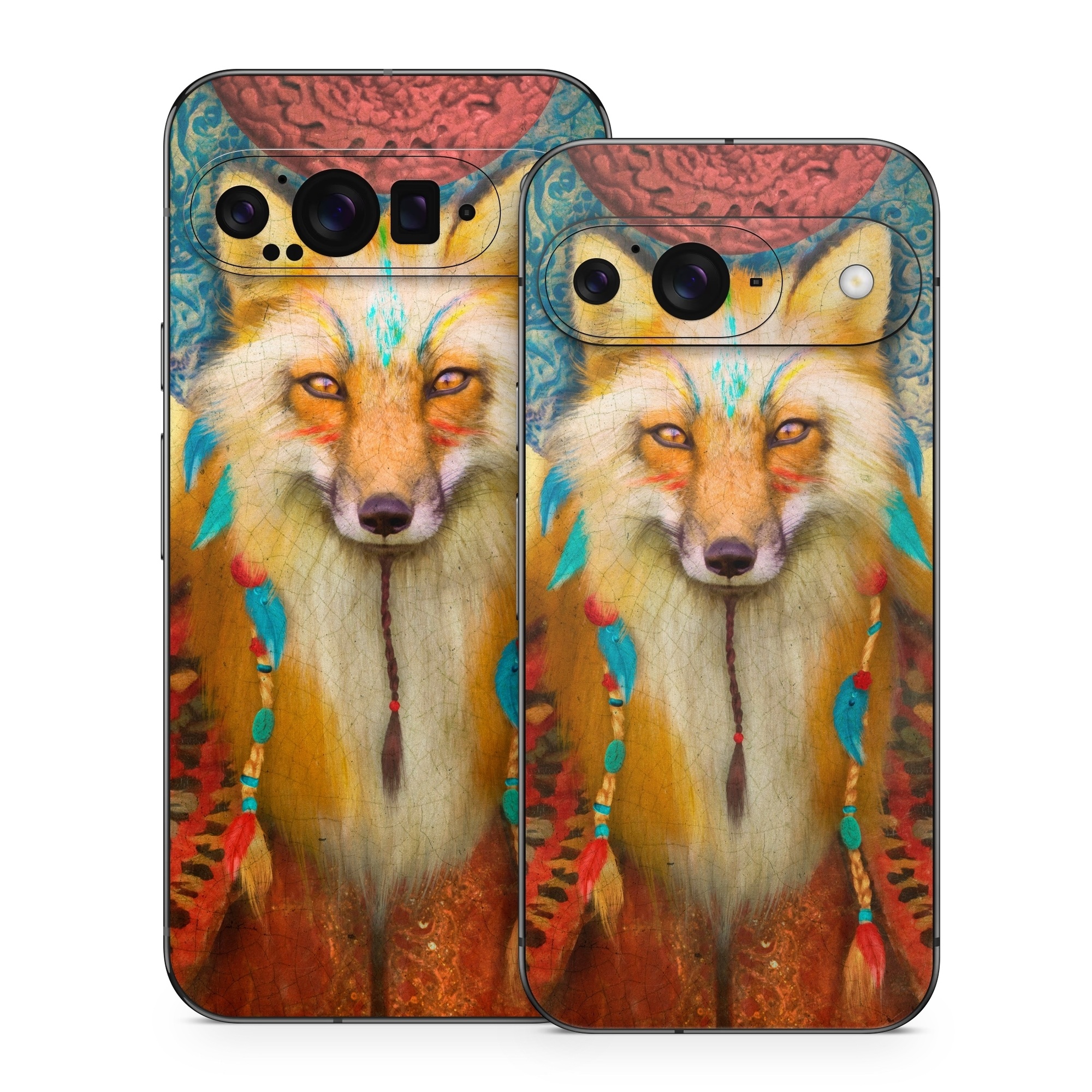 Google Pixel 9 Series Skin design of Red fox, Canidae, Fox, Wildlife, Swift fox, Carnivore, Jackal, Fur, Snout, Art, with red, black, gray, green, blue colors